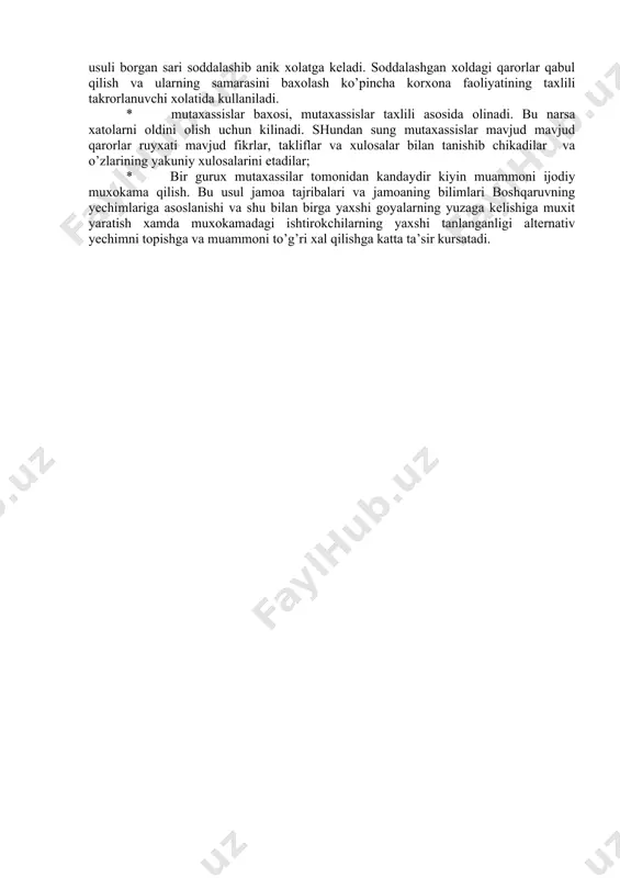 klassifikatsiya qilish, taxlil qilish va baxolash, ya’ni axborotni kayta ishlash; 1. qarorlarni turli variantlarini ishlab chikish; 1. variantlarni taxlil qilish, muxokama qilish va baxolash; 1. oxirgi va optimal variantni qabul qilish; 1. ґar bir qarorni kerakli shaklda xujjatlashtirish; 1. qarorlarni muxrlab kuyish; 1. qarorni bajaruvchiga kuyilishi; 1. qabul kilingan qarorlar bajarilishini tashkil qilish; 1. qarorni bajarilishini nazorati va xisobi. 4. boshqaruv qarorlarini optimallashtirish usullari va ularni bajarilishini tashkil etish. boshqaruv qarorlarining asosi deb optimal variantga eng yaqin bo’lgan, eng zo’r variant qabul qilinadi. bu variant mehnatni, moliyaviy-texnik resurslarni va vaqtni eng kam sarf kilingan xolda, korxonadagi mavjud xolat xakidagi mantikiy axborotlarni yigib, taxlil qilish orkali kelib chikadi. optimal qarorni yoki unga yakin qarorni tanlashda kerakli usul va uslubni kullash darkor. boshqaruv amaliyotida qarorlarni qabul qilish va ular bilan ishlashning kuyidagi usullari mavjud: * tizimli-iktisodiy va ijtimoiy taxlil, statistik javoblar va baxolar usuli; * variantli katorlarning, ya’ni reja - ishlab chiqarish …