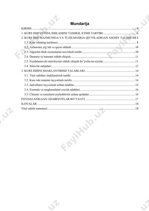 рограммной документации (еспд). общие положения; · гост 2.001-2013. единая система конструкторской документации (ескд). общие положения; · гост 3.1102-2011. единая система технологической документации (естд). стадии разработки и виды документов. общие положения; · гост 7.80-2000. система стандартов по информации, библиотечному и издательскому делу (ссибид). библиографическая запись. заголовок. общие требования и правила составления; · гост 7.32-2001. ссибид. отчет о научно-исследовательской работе. структура и правила оформления. 1. kurs ishi ustida ishlashni tashkil etish tartibi ma’lum mavzudagi kurs ishini bajarish o‘quv fanining yakuniy bosqichida amalga oshiriladi. kurs ishi mavzulari fanning o’quv rejasida kurs ishlarini bajarish ko'zda tutilgan semestr boshlanishidan oldin fanni o‘tuvchi o’qituvchi tomonidan ishlab chiqiladi. mavzular soni o'quv guruhidagi har bir talabaga shaxsiy vazifa berish uchun yetarli bo'lishi kerak. kurs ishi mavzulari dolzarb bo'lishi hamda fan, texnika va ta'limning hozirgi holati va rivojlanish istiqbollariga mos kelishi kerak. taqdim etilayotgan mavzular fan bo'yicha o'quv rejasi talablariga javob beradigan ilmiy-tadqiqot, laboratoriyaviy izlanishlar, kompyuter dasturlari va berilganlar …