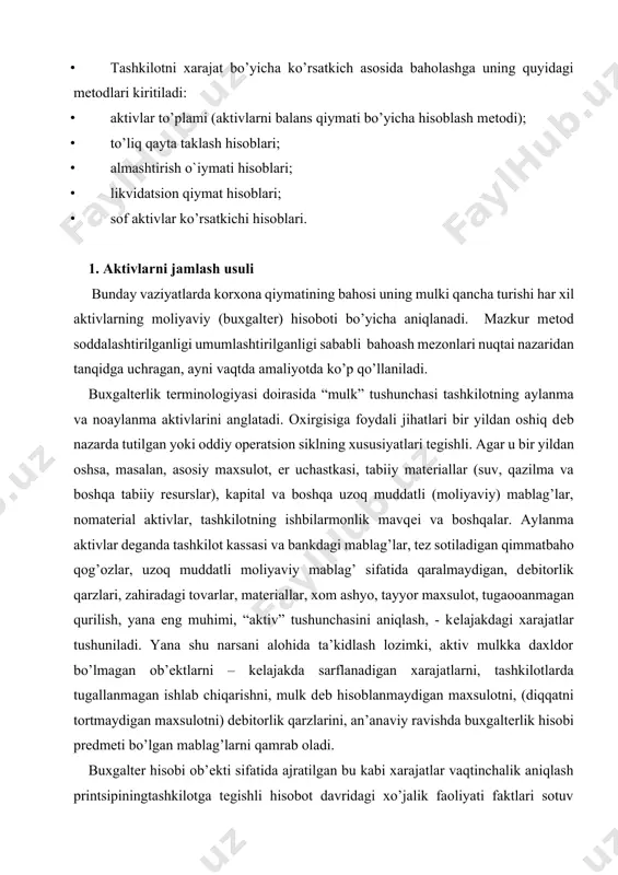 soblanadi. ular tushib kеlishidan qat’i nazar yoki pul mablag’ining to’lanishidan qat’i nazar shu faktlar bilan bog’langan. ho’jalik hayoti faktlarini vaqtinchalik aniqlash printsipi ikki oqimning: qadriyatlarning o’sishi va pasayishining mutanosibligi tamoyili sifatida ma’lum. mazkur hisobot davrining ma’lumotlari sifatida xarajatlar bilan, daromadlar olingan bo’lishi, mutanosib kеlishidir. shundan qoida kеlib chiqadi, angliya-amеrika tajribasidan ma’lum bo’lgan firma xaprajatlarini kapitalizatsiyalash, ya’ni xarajatlarni xarajatlarga emas, balki aktivlarga daxldorligi. shu bilan birga kapitalizatsiya – bu xarajatlarni daromadga aylantirish maxsuli, yoki kapitallashtirilgan kattalik qancha ko’p bo’lsa, firmaning foydasi, soliqlar to’lovi qo’shilgan dividеndlar shuncha ko’p bo’ladi, dеganidir. aktivlar asosida yondashuvni tashkilotni yaxlit darajada baholashda qo’llash mumkin. tashkilot kapitalida ayrim aktsionеrlarning ulushi qiymatini baholashda aktivlar asosida yondashuvdan foydalanish shart emas. mazkur yondashuv baholashga topshiriq bеrilganda ishlab chiqaruvchi tashkilot “faoliyatdagi” sifatida baholansa, yagona bo’lishi mumkin emas, oddiy sotuvchi-xaridor munosabatlari asosidagi shunday favqulodda holatlarda bo’lishi mumkin. balans qiymati kamdan-kam holatlarda sof aktivlar qiymatida o’xshash tarzda aks etadi. shunga qaramay balansning har bir …