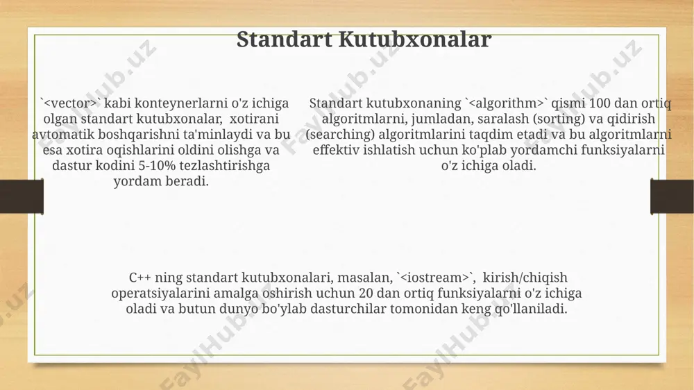 a ad-hoc polimorfizmi. polimorfizm virtual funksiyalar orqali amalga oshiriladi va bu c++ ning asosiy xususiyatlaridan biri hisoblanadi. masalan, 1000 ta ob'ekt uchun bitta funksiya bilan ishlov berish mumkin, bu esa london universiteti tadqiqotlarida isbotlangan. c++ da polimorfizm ob'ektlarning turli xil klasslardan bo'lgan ob'ektlarga bir xil funksiyani bajarish imkoniyatini beradi, masalan, 2 ta klassda 10 ta har xil usuldan foydalanib, bir xil funksiyani amalga oshirish mumkin, bu esa kodning qayta ishlanishini soddalashtiradi. funktsiyalar funksiyalarni chaqirishda argumentlar soni va turining funksiya deklaratsiyasidagi parametrlar soni va turiga mos kelishi shart. aks holda, kompilyator 23-xato kodi bilan xato xabarini qaytaradi, masalan, microsoft visual studio kabi kompilyatorlarda. bu esa dastur ishini to'xtatishi mumkin. c++ da funksiyalar 2 ta asosiy qismdan: deklaratsiya va tanadan iborat bo'lib, ularning har biri o'ziga xos sintaksis qoidalariga amal qiladi. masalan, 10 ta parametrli funksiya yaratish mumkin, lekin bu kodning o'qilishiga salbiy ta'sir qilishi mumkin rekursiv funksiyalar o'zlarini ichida chaqiradigan funksiyalardir. …