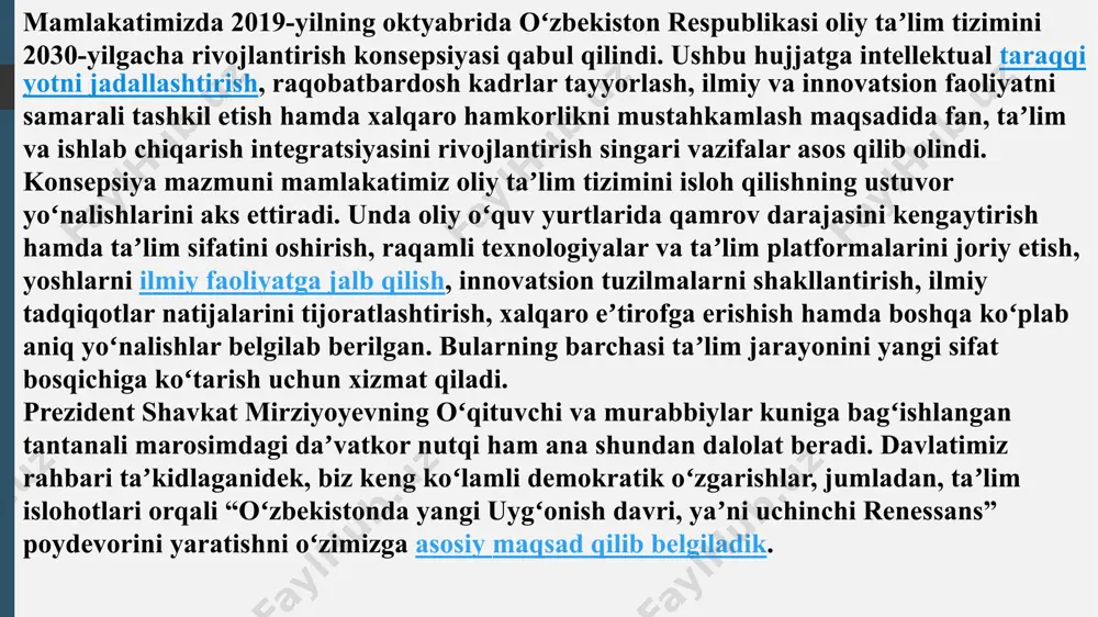 rish kabi vazifalarni nazarda tutadi. unga ko‘ra, 2025 yilga qadar ilm-fanga yo‘naltiriladigan jami mablag‘larning yalpi ichki mahsulotga nisbatan ulushini 6 baravarga, 2030 yilgacha esa 10 baravarga oshiriladi. 2025 yilga qadar ilm-fanni umumiy moliyalashtirish hajmida ilmiy-tadqiqot va tajriba-konstruktorlik ishlariga xususiy sektor tomonidan ajratiladigan mablag‘lar ulushini amaldagi 8 foizdan 20 foizga, 2030 yilgacha esa 30 foizga yetkaziladi. bundan tashqari, 2021 yil 1 yanvardan boshlab ilmiy tashkilotlar rahbarlarini o‘zbekiston respublikasi prezidenti huzuridagi davlat boshqaruvi akademiyasida o‘qitish va muntazam malakasini oshirib borish tizimi joriy qilinadi. hududlarda ilmiy faoliyat bilan shug‘ullanib kelayotgan iqtidorli yoshlarni qo‘llab-quvvatlash, ilm fanga keng jalb qilish, nufuzli ilmiy maktablarni shakllantirish, ularning ilmiy salohiyatini oshirish maqsadida “akademik harakatchanlik” dasturi hayotga tadbiq qilinmoqda. “akademik harakatchanlik” dasturi doirasida ilmiy faoliyat bilan shug‘ullanib kelayotgan iqtidorli yoshlarning ilmiy g‘oyalarini rag‘batlantirish, ularning xorijiy universitetlar va ilmiy markazlarga qisqa muddatli stajirovkalarini tashkil etish uchun yoshlar akademiyasining iqtidorli yoshlarni qo‘llab-quvvatlash jamg‘armasi mablag‘lari hisobidan grantlar ajratiladi. 2021- yil “o‘zbekiston ilmiy …