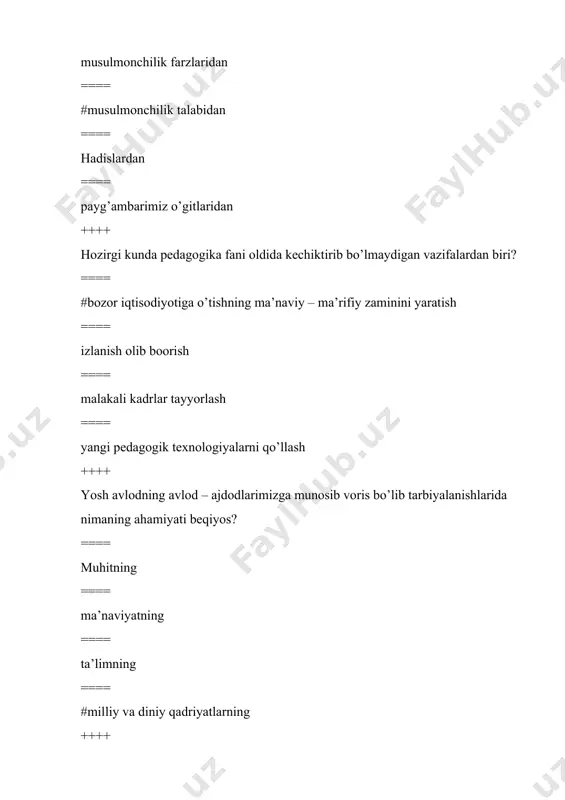 llaridan o’rinli foydalanish ==== ta’limni isloh qilish usullarini o’rgatish ++++++ maktab, oila va jamoatchilik hamkorligida kimlar qatnashadi? ==== o’quvchilar va jamoalar ==== o’quvchilar va o’qituvchilar ==== o’qituvchilar bilan ota-onalar ==== #o’quvchilar, o’qituvchilar, ota-onalar, turli jamoalar +++++ jamoaning rivojlanish darajasini aniqlashning eng ishonchli usuli? ==== anketa tarqatish pedagogik vaziyatlarni vujudga keltirishdan iborat ==== #o’quvchilarni darsda, darsdan tashqarida, maktabda, maktabdan tashqarida o’zaro faol hamkorlik qilish jarayonida kuzatishdan iborat ==== bolalarning hulq-atvorini jamoa bo’lib tahlil eltishdan iborat ==== tushuntirish va suhbat usulidan iborat +++++ o’zini-o’zi tarbiyalash deganda nimani tushunasiz? ==== jamiyatda o’z obro-elqtiborini mustahkamlash ==== chuqur bilim olish, savilli va malakali bo’lishdir ==== #jismoniy va ma’naviy yoshlar ittifoqiga etish uchun kurashdir ==== o’z ustida ishlash, mustaqil fikrga elgaligidir +++++ shaxs kim? ==== ma’lum bir jamiyat fuqarosi ==== o’zining mustaqil fikriga elga bo’lgan inson ==== #individual, intellektual va irodaviy sifatlarga elga odam ==== ongli, fikrli jamiyat fuqarosi +++++ qaysi olimlar tomonidan oilaning kommunikativ vazifasini …