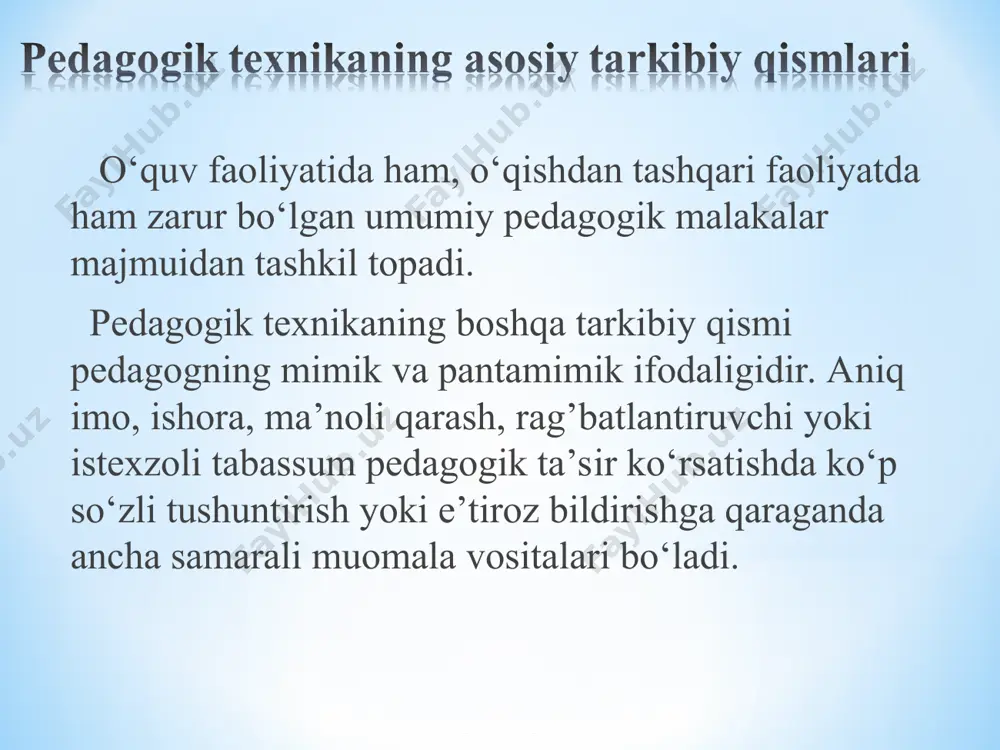 di, odatda, bolalarning maqsadlari bilan to‘qnash kelib qoladi. o‘qituvchi bilan o‘quvchining maqsadlari bir-biriga mos kelsa, navbatdagi «to‘siqlar»ni yengish uchun birgalikda vositalar izlansa, chinakam tarbiyaviy jarayon sodir bo‘ladi. xar qanday pedagogik vosita hamisha bir qator boshqa vositalar, usullar, shartlar bilan bogliq bo‘ladi, ular pedagogik jarayonning muayyan bosqichida ta’sir ko‘rsatish natijasini belgilab beradi. pedagogikada universal vositalar yo‘q, lekin har bir pedagogik vosita o‘zining qarama-qarshi tomoniga aylanishi mumkin. pedagogik texnikaning verbal va noverbal vositasi o‘qituvchining kommunikativ qobiliyatida namoyon bo‘ladi. o‘qituvchining faoliyatida eng muhim narsa bu uning nutqi va o‘quvchilar bilan muloqatidir. nutq bu og‘zaki kommunikatsiya, ya’ni til yordamida munosabat qilish jarayoni demakdir. ijtimoiy tajribada biron - bir mohiyatni anglatadigan so‘zlar og‘zaki kommunikatsiya vositasi hisoblanadi. odamlar munosabatiga aloqa bog‘lovchilarning xis-hayajoni ham qonuniy ravishda jalb etilgan bo‘ladi. u kommunikatsiyaning mazmunini hisoblanganligini narsaga ham munosabatga kirishganlarga nisbatan muayyan tarzda taalluqli bo‘lib, nutqiy fikr-mulohazalari bilan qo‘shilgan bo‘lib, yuzaga chiqadigan bu xis-xayajonli munosabatlar axborot ayriboshlashning alohida, nutqsiz jihati, …