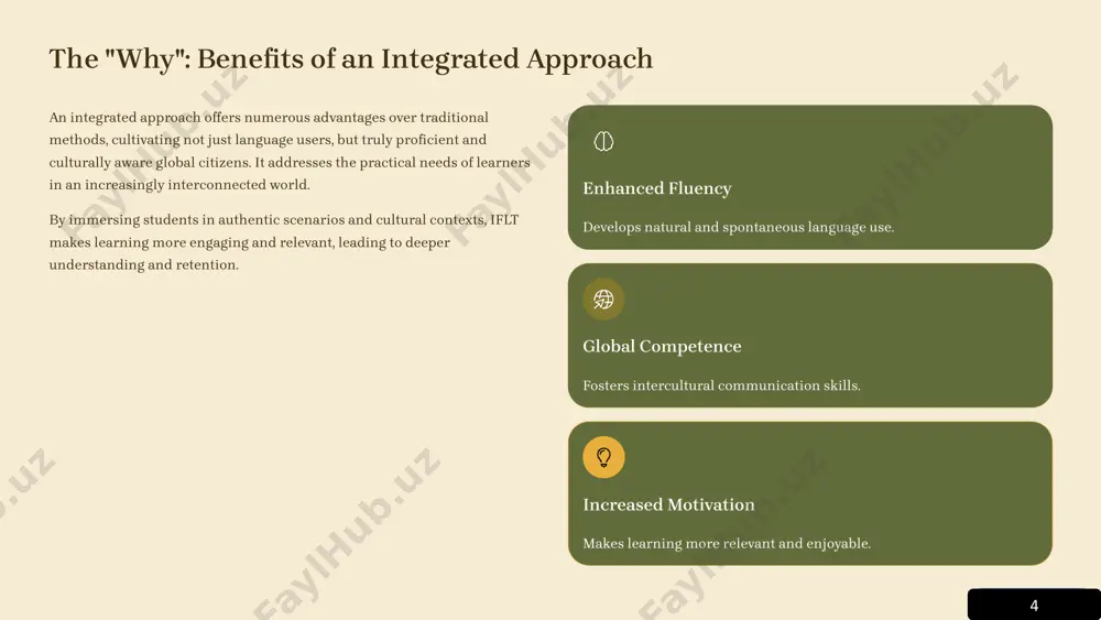 aningful tasks, naturally using language for a purpose. content and language integrated learning (clil) teaching subject matter through the foreign language, integrating content and language. project-based learning (pbl) learners engage in extended projects, fostering research and collaborative skills. 9 8 assessing progress in integrated courses assessment in iflt goes beyond traditional tests, evaluating not just linguistic knowledge but also communicative and intercultural competence. authentic tasks evaluating language use in real-world simulations like role-plays, presentations, or debates. portfolio assessment collecting student work over time to show growth in all skill areas. self & peer assessment encouraging students to reflect on their own learning and provide feedback to peers. formative feedback providing continuous, constructive feedback to guide learning rather than just grading. 10 9 key takeaways & future directions integrated foreign language teaching offers a dynamic and effective path to language acquisition. by aligning subject matter, goals, and objectives, we can cultivate …