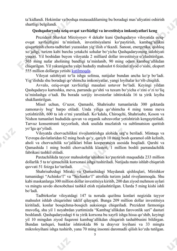 ng ishchilik korxonalarga yo‘l ochadi. xitoylik ishbilarmonlar bilan 1 milliard dollarlik, janubiy koreya bilan 240 million dollarlik investitsiyaviy kelishuvlarga erishilgan. ularni amalga oshirish uchun viloyat tuman va shaharlarida 1 ming 210 gektarda sanoat zonalari tashkil qilishga zarurat bor. bo‘lajak korxonalarda 30 ming kishi, jumladan, kambag‘al oila vakillari ish bilan ta’minlanadi. beshariq tumanida savdo-logistika markazi qurilishi boshlangan. u, xuddi termizdagidek, erkin savdo zonasiga aylantirilib, do‘konlar tadbirkorlarga ijaraga beriladi. buning samarasida viloyat eksporti qo‘shimcha 50 million dollarga, ish o‘rinlari esa 2 mingga ko‘payadi. shunday majmuani quvasoy shahrida ham barpo etish mumkin. qishloq xo‘jaligida ham katta imkoniyatlar bor. farg‘onada aholi ixtiyorida, yo‘l va dala chetlarida, suv va o‘rmon fondida jami 91 ming gektar yer mavjud. ulardan unumli foydalanib, mahsulotlarni hamda qayta ishlashni ko‘paytirish zarur. masalan, farg‘ona tumanidagi 15 ta mahallada yiliga 6 ming tonna malina yetishtiriladi. ularga yaqin hududdan yer berilsa, tadbirkor malinani saqlash, qayta ishlash va qadoqlashni yo‘lga qo‘yib, qo‘shilgan qiymatni 2,5 …
