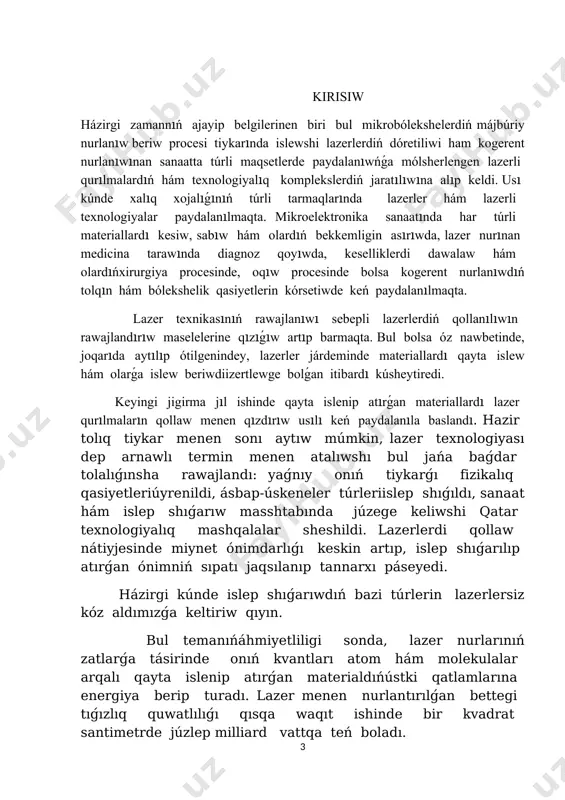 ogeren bolmaǵan derekler degi ge qarama-qarsı rawishte kvant generatorınıń bir-birinen makroskopiyalıq aralıqlarda bolǵan bólimlerinen shıǵıp atırǵan elektromagnitlik tolqınlar óz-ara kogerent boladı . bul tarepten kvantgeneratorları kogerent radiotolqınları dereklerine uqsas boladı. nurlanıwdıń kogerentligi optikalıq kvant generetorlarınıń derlik barlıq qasiyetlerinde kórinedi. nurlanıwdıń tolıq energiyası bunnan basqa boladı, sebebi bul energiya kogerent bolmaǵan dereklerdegi sıyaqlı aldın uzatılıp atırǵan energiyaǵa baylanıslı boladı. lazerlerdiń nurlanıw kogerentligi menen baylanısqan ajayip qasiyeti sonnan ibarat, energya waqıt dawamında , spektrde, fazada, tarqalıw baǵıtları boyınsha koncentra ciyalanadı. bazi lazerlerdiń nurlanıwı joqarı dárejede monoxramatikalıq boladı. basqalazerler dawam etiw waqtı 10-12s qa teń bolǵan júda qısqa impulslar shıǵaradı; sonıń ushın bunday nurlanıwdıń birzamatlıq quwatlılıǵi júda ulken bolıwı múmkin. lazerden shıǵıp atırǵan jaqtılıq dastesi anıq bir baǵıtta jiberilip, bul baǵıt anıqlıǵi kóp hallarda difrakciya qubılıslarına baylanıslı boladı. bunday nurlanıwdı júda kishimay danǵa fokuslap jıynaw júda úlken jaqtılandırǵanlıq payda etiw múmkin. lazerler optikanıń rawajlanıwına kúshli tasir etken hám keleshekte de tasir etedi. lazerlerdiń …