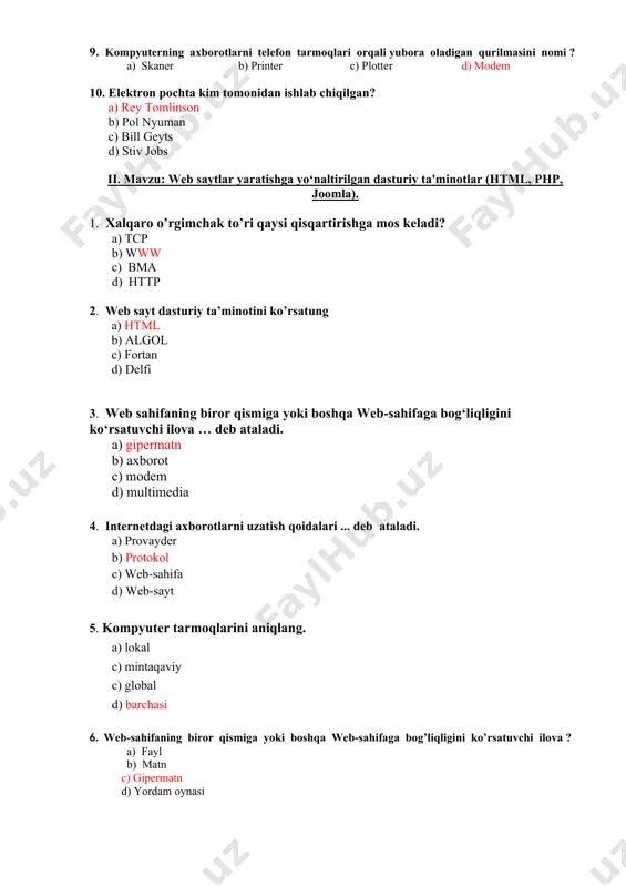 odem d) multimedia 4. internetdagi axborotlarni uzatish qoidalari ... deb ataladi. a) provayder b) protokol c) web-sahifa d) web-sayt 5. kompyuter tarmoqlarini aniqlang. a) lokal c) mintaqaviy c) global d) barchasi 6. web-sahifaning biror qismiga yoki boshqa web-sahifaga bog’liqligini ko’rsatuvchi ilova ? a) fayl b) matn c) gipermatn d) yordam oynasi 7. birinchi web-brauzer qachon yaratildi? a) 1980-yil b) 1981-yil c) 1990-yil d)1991-yil 8. internetdagi web – sahifalar qayerda saqlanadi ? a) web–serverlarda b) web – saytlarda c) web-sahifalarda d) saqlanmaydi 9. html tilining buyruqlari qanday nomlanadi ? a) deskriptor , teg b) operatorlar c) buyruqlar d) kodlar 10. html hujjat qanday deskriptor bilan boshlanadi ? a) htpl b) htsl c) htrl d) html iii. mavzu: web saytlar yaratishga yo‘naltirilgan dasturiy ta'minotlar (word press, piton, adobe dreamweaver, front page). 1. web sayt dasturiy ta’minotini ko’rsating a) word press, piton, adobe dreamweaver, front page b) word press, piton, adobe dreamweaver, delfi …