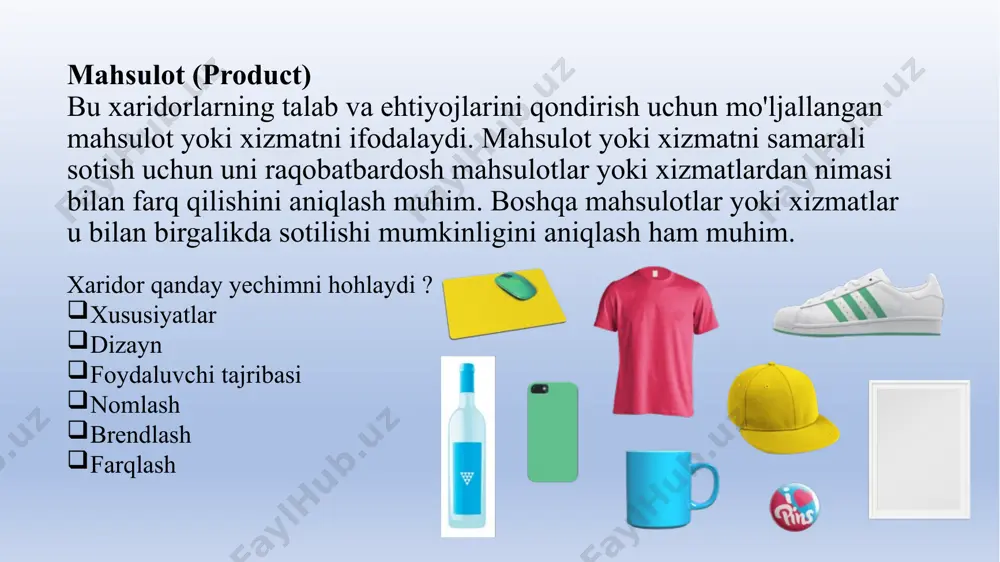 sosan, iste'molchilar sezgan sifatiga yoki qiymatiga asoslanib, qiymatga asoslangan narxlanish deb ataladi. xaridorning narxi qancha? 1. xaridor uchun qiymat, 2. narx sezuvchanligi 3. mavjud narx nuqtalari 4. chegirmalar 5. raqobatchilar narxlari narx △▽ mahsulot nima? what is product? mahsulot – bu ehtiyoj yoki zaruriyatni qondirishi mumkin bo`lgan e`tibor, sotib olish, foydalanish yoki iste`mol qilish uchun bozorda taklif qilinishi mumkin bo`lgan narsa. xizmatlar- bu moddiy bo'lmagan va hech narsaga egalik qilmaydigan, sotuvga qo'yilgan faoliyat, foyda yoki qondirishdan iborat mahsulot shakli. masalan, bank, mehmonxona, aviakompaniyalarga sayohat, chakana savdo, simsiz aloqa va uyda ta'mirlash xizmatlari. mahsulot nima? bugungi kunda mahsulotlar va xizmatlar tovarlarga aylangani sari ko'plab kompaniyalar o'z mijozlari uchun qiymat yaratish borasida yangi bosqichga o'tmoqdalar. o'z takliflarini farqlash uchun ular mahsulot ishlab chiqarish va xizmatlar ko'rsatishdan tashqari, o'z brendlari yoki kompaniyalari bilan mijozlar tajribasini yaratadi va boshqaradi. tajribalar har doim ba'zi kompaniyalar uchun marketingning muhim qismi bo'lib kelgan. misol uchun: mijozlar tajribasini …