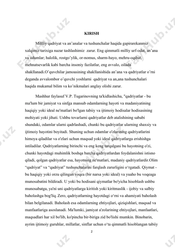 di. baholash esa odamlarning ehtiyojlari, qiziqishlari, maqsad va manfaatlariga asoslanadi. ma'lumki, jamiyat a'zolarining ehtiyojlari, manfaatlari, maqsadlari har xil bo'lib, ko'pincha bir-biriga zid bo'lishi mumkin. binobarin, ayrim ijtimoiy guruhlar, millatlar, sinflar uchun o‘ta qimmatli hisoblangan tabiiy va ijtimoiy hodisalar boshqalar uchun qimmatli bo‘lmasligi mumkin va aksincha. millatlar va elatlarning diniy e’tiqodlari, marosim va an’analari milliy qadriyat sifatida o‘zining asl hayot sifatini tiklaydi.bundan xulosa qilish mumkinki, tabiiy va ijtimoiy hodisalarning qadriyatlar toifasiga kiritilishi yoki kiritilmasligi odamlarning ehtiyojlari, qiziqishlari, intilishlari, maqsadlari bilan belgilanadi. binobarin, qadriyat deganda millatlar, elatlar va ijtimoiy guruhlarning manfaatlari va maqsadlariga xizmat qiladigan, inson va insoniyat uchun muhim bo‘lgan, natijada ular tomonidan qadrlanadigan va qadrlanadigan tabiiy va ijtimoiy ne’matlar hodisalari tushunilishi kerak. kurs ishining maqsadi: qadriyat va an’annalarni o’quvchi jamoasini shakllantirishda o’rni. kurs ishining ob’ekti: qadriyat va an’annalarni o’quvchi yoshlar orasida targ’ibot ishlarini olib boorish. kurs ishining predmet: qadriyat va an’annalarni o’quvchi jamoasi bilan olib boriladigan ish shakli , metodlari …
