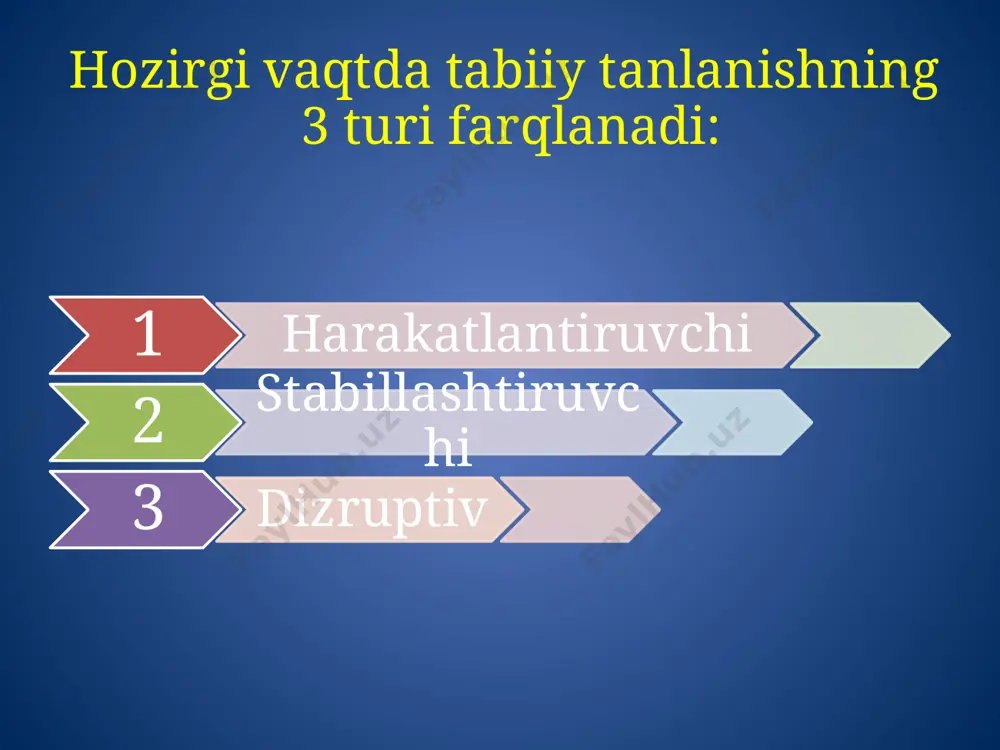 – harakatlantiruvchi tanlanish natijasidir. ba’zi hollarda muayyan joyda tarqalgan bir turga mansub organizmlar orasida bir-biridan farq qiluvchi ikki va undan ortiq individlar guruhi uchrashi mumkin. bu tabiiy tanlanishning yana bir alohi da shakli bo‘lgan dizruptiv tanlanish natijasidir dizruptiv tanlanish. dizruptiv tanlanish masalan, ikki nuqtali tugmacha qo‘ng‘izida mavsumiy polimorfizm hodisasini ko‘rish mumkin. bu qo‘ng‘izning qoramtir va qizg‘ish, qattiq qanotli formalari uchraydi. qizg‘ish qanotlilar qishda haroratning pasayishi tufayli kam nobud bo‘lib, yoz oylarida kam nasl beradi. aksincha, qoramtir qanotli formalilar qishda past haroratga bardosh berolmay ko‘proq nobud bo‘ladi va yoz oylarida esa ko‘p nasl beradi. demak, yilning turli fasliga moslashish orqali bu ikki xil tugmacha qo‘ng‘iz guruhlari o‘z naslini saqlab kelmoqda. tayanch so‘zlar: tabiiy tanlanish, harakatlantiruvchi, stabillashtiruvchi, dizruptiv. mustahkamlash 1. yashash uchun kurashni qanday izohlaysiz? 2. tabiiy tanlanishni evolutsiyadagi rolini tushuntirib bering. 3. harakatlantiruvchi tanlanishni evolutsiyadagi rolini tushuntirib bering. 4. stabillashtiruvchi tanlanishni evolutsiyadagi rolini tushuntirib bering. 5. dizruptiv tanlanishni evolutsiyadagi rolini tushuntirib …