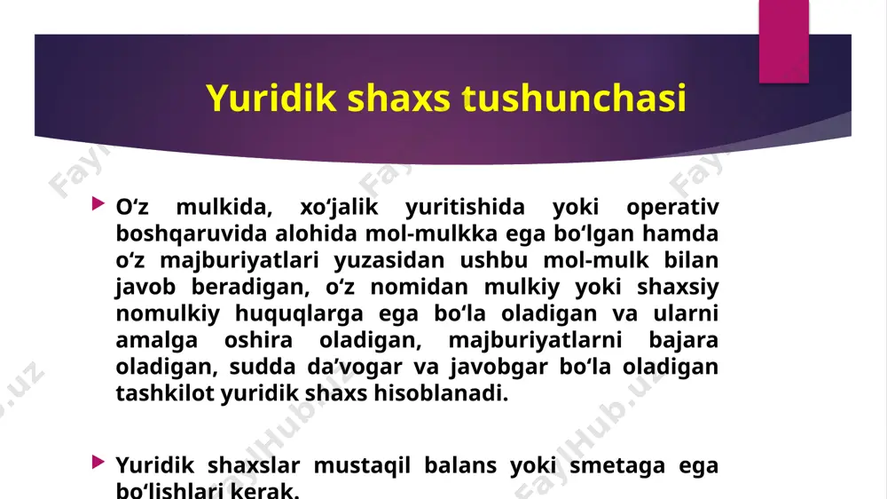 i, shu jumladan vakolatxona vazifalarini bajaradigan alohida bo‘linmasidir yuridik shaxsni qayta tashkil etish quyidagi hollarda yuridik shaxs qayta tashkil etiladi: qo‘shib yuborish qoʻshib olish ajratib chiqarish boʻlish oʻzgartirish yuridik shaxsni tugatish quyidagi hollar yuridik shaxs tugatilishiga olib keladi: vakolatli yuridik shaxs organi qaroriga muvofiq yuridik shaxs amal qilish muddati tugaganligi munosabati bilan yuridik shaxsni tashkil etishdan koʻzlangan maqsadga yetish natijasida yuridik shaxs faoliyatida qonunchilik buzilishi holatiga yoʻl qoʻyilganligi munosabati bilan yuridik shaxs nochorligi ( bankrot ) tijoratchi tashkilot bo‘lgan yuridik shaxs, davlat korxonasidan tashqari, shuningdek matlubot kooperativi yoki ijtimoiy fond shaklida ish olib borayotgan yuridik shaxsning kreditorlar talablarini qondirishga qurbi yetmasa, sudning qaroriga muvofiq u nochor (bankrot) deb hisoblanishi mumkin. yuridik shaxsning bankrot deb hisoblanishi uning tugatilishiga olib keladi eʼtiboringiz uchun tashakkur! image1.jpeg image2.jpeg image3.jpeg /docprops/thumbnail.jpeg