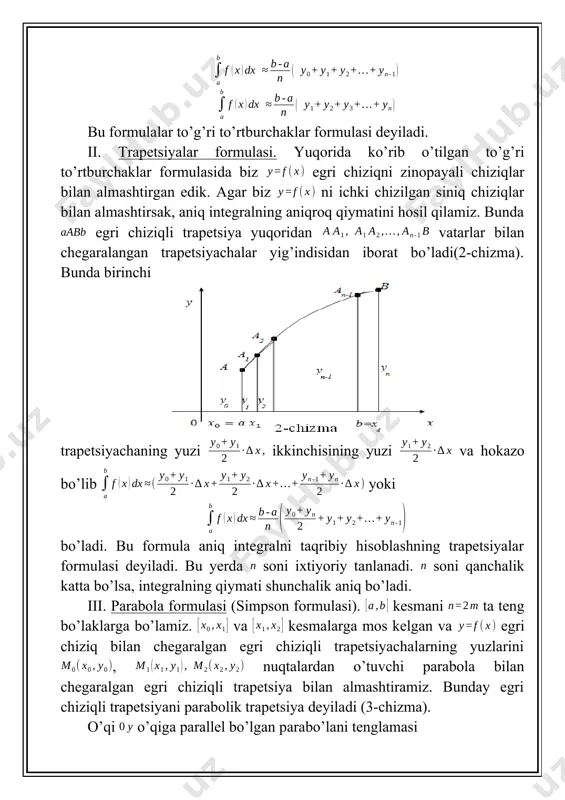 o’ladi. ta’rif. agar xosmas integral yaqinlashuvchi bo’lsa, u holda xosmas integral absolyut yaqinlashuvchi deyiladi. agar birinchi integral yaqinlashuvchi, ikkinchi integral uzoqlashuvchi bo’lsa, u holda birinchi xosmas integral shartli yaqinlashuvchi deb ataladi. agar funksiya oraliqda aniqlangan bo’lsa, uning bu oraliq bo’yicha i tur xosmas integrali yuqorida kiritilgan xosmas integrallar orqali quyidagicha ifodalanadi. endi chegaralanmagan funksiyalar uchun aniq integral tushunchasini umumlashtirammiz. berilgan funksiya yarim oraliqda chegaralanmagan, ammo ixtiyoriy uchun bu funksiya kesmada chegaralangan va integrallanuvchi bo’lsin. bu holda, , funksiyani qarash mumkin. ta’rif. funksiyaning holdagi o’ng limiti berilgan funksiyaning kesma bo’yicha ii tur xosmas integrali deyiladi va u quyidagicha belgilanadi: agar funksiya nuqtada chegaralanmagan bo’lsa, u holda yoki cheksiz yarim oraliqlar bo’yicha quyidagi aralash turdagi xosmas integrallar bilan aniqlanadi: mavzuga doir yechimlari bilan berilgan topshiriqlardan namunalar 1. integralni to’g’ri to’rtburchaklar formulasidan foydalanib taqribiy hisoblansin. . buning uchun integrallash kesmasini ta bo’lakka bo’lamiz va hisoblashlar natijalarini quyidagi jadvalda keltiramiz: 1 0.1 1.01 0.9901 …
