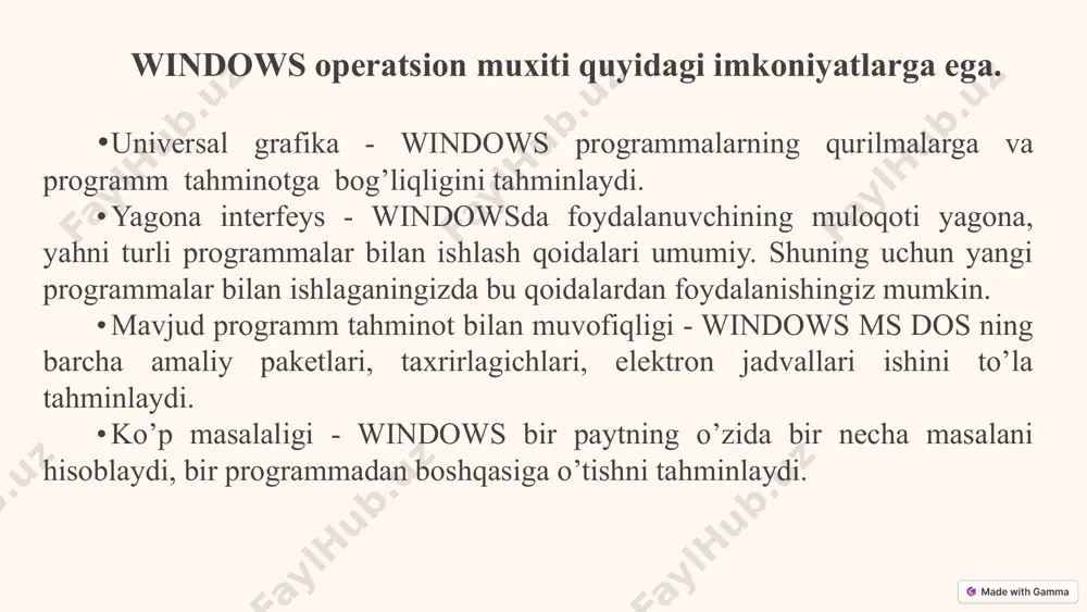 uzatiladi, yangi funksiyalar qo'shiladi va dasturiy ta'minot takomillashtiriladi. 16 xulosa keyingi qadam sifatida siz ushbu bilimlarni amalda qo'llashingiz mumkin. oddiy loyihalar yaratib, tajriba orttiring. jamoaviy loyihalarda ishtirok etib, hamkasblaringiz bilan hamkorlik qiling. ushbu sohada o'z bilimingizni doimiy ravishda oshirib boring. yangi texnologiyalar va dasturlash tillarini o'rganing. muvaffaqiyatli dasturchi bo'lish uchun tinimsiz mehnat qiling! 17 image1.png image2.png image3.png image4.png image5.png image6.png image7.png image8.png image9.png image10.png image11.png image12.png image13.png image14.png image15.png image16.png image17.png image18.png image19.png