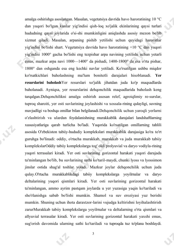 arning o'rta qismlari va allyuvial terrasalar kiradi. yer osti suvlarining gorizontal harakati yaxshi emas, sug'orish davomida ularning sathi ko'tariladi va tuproqda tuz to'plana boshlaydi. buning oldini olish uchun gorizontal va tik zovurlar qurishni ko'zda tutmoq lozim.juda murakkab tabiiy komplekslarga deltalarning etak qismlari, prolyuvial tekisliklarning quyi yoki chekka joylari, adirlar, plato va balandliklar kiradi. yer osti suvlarining gorizontal harakati ta'min-lanmagan, ularning sathi sug'orish paytida tezda ko'tarilib ketadi. buning oldini olish maqsadida zich zovurlar tarmog'ini qurish, yerni sifatli qilib yuvish va tekislash, shamol eroziyasiga qarshi ihota daraxtzorlarini vujudga keltirish lozim. suv shimilishining oldini olish uchun tomchilatib, yomg'irlatib va tuproq ostidan sug'orish usullarini qo'llash zarur. о‘zbekistonning chо‘l va chalachо‘l mintaqalarida sug‘oriladigan yaroqli yerlar tabiat komplekslarining murakkablik darajalarini aniqlovchi mezonlar tk lari va melioratsiya murakkabligi relyef yotqiziqlarning tarkibi tuproqlar grunt suvlari yerlarning meliorativ holati turi yuzasining xususiyatlari nomi shо‘rlanishga berilganligi eroziyaga berilganligi chuqurligi, m minerallashuv darajasi, har l da g 1 2 3 4 …