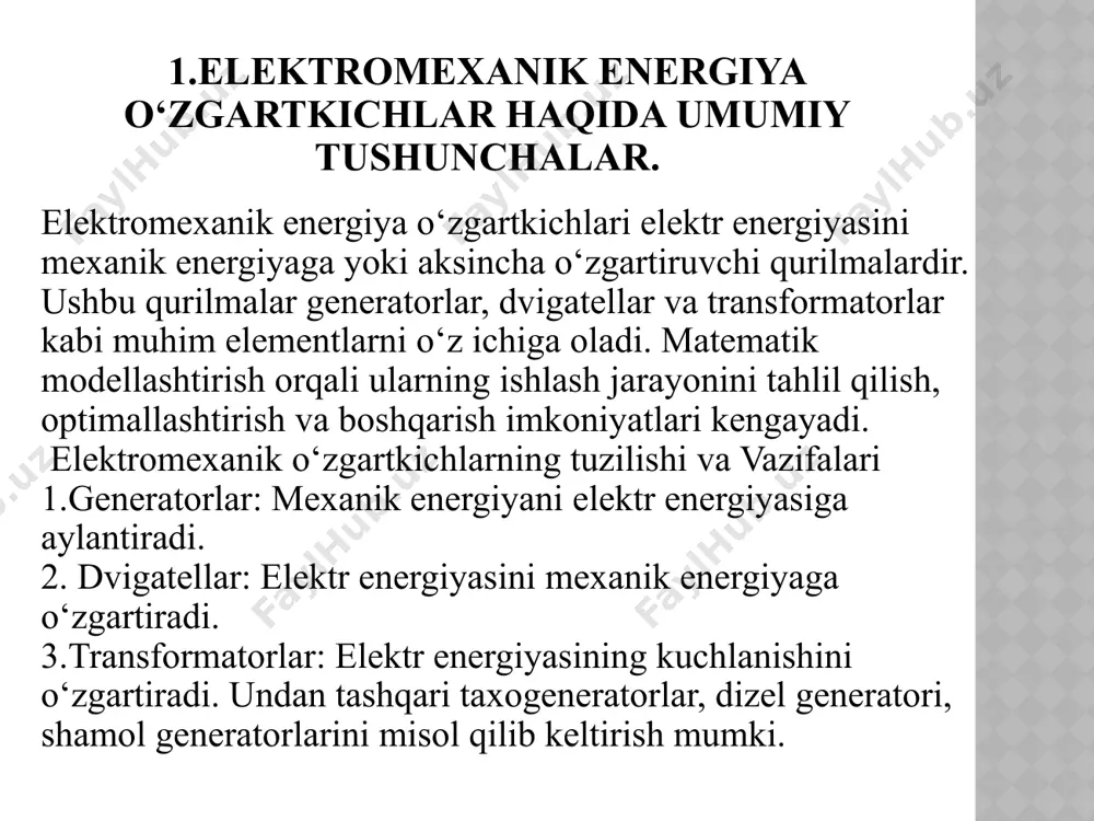 va elektr generatoridan iborat bo‘lgan qurilma bo‘lib, yoqilg‘i sifatida dizel yoqilg‘isidan foydalanadi va mustaqil elektr energiyasi ishlab chiqaradi. ular ishonchliligi, tez ishga tushishi va uzoq muddatli foydalanish imkoniyati bilan ajralib turadi. quyida uning umumiy va tarkibi ko‘rinishi keltirilgan. 1-rasm. 1-rasm. dizel generatorining umumiy ko‘rinish va tarkibiy qismlari. 1-asosiy korpus, 2-sovutish tizimi, 3-yoquv tizimi, 4-ichki yonuv dvigatel 5-chiqarish tizimi,6-kuchlanish rostlagich 7-generator, 8-akumlyator zaryadlovchi qurilma, 9-boshqaruv paneli. vazifalari: 1-asosiy korpus: generatorning barcha qismlarini bir joyga biriktirib turadi. texnik jihatdan ish jarayoniga ta’sir qilmasada, vibratsiya siljish vaxavfsizlikni ta’minlaydi. 2- sovitish tizimi: dvigatel va generatorni ortiqcha qizib ketishidan saqlaydi. 3-yoqilg‘i tizimi: dvigatelni yoqilg‘i bilan ta’minlaydi 4- ichki yonuv dvigateli: kimyoviy energiyani mexanik energiyaga aylantiradi. 5-chiqarish tizimi: yonish mahsulotlarini tashqariga chiqaradi. 6-kuchlanish rostlagichi: chiqayotgan kuchlanishni barqaror ushlab turish. generatorning chiqish kuchlanishini avtomatik sozlaydi. 7-generator: mexanik energiyani elektr enerergiyaga aylantiradi. 8- akkumlyator zaryadlovchi qurilma: avtomatik tarzda akkumlyatorni quvvatlaydi. generatorni qo‘zg‘zatishda akkumlyator ishlatiladi. 9-boshqaruv paneli: generatorni ishga …