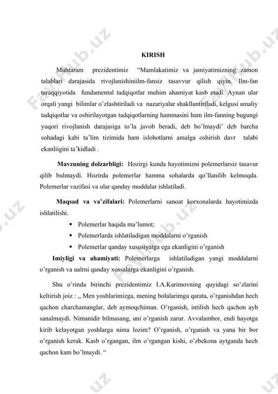 limerga doimiy kuchlanish(𝜎0) berilsa, unda oqish jarayonida kuzatilmasa bunda kuchlanish ma`lum muvozanatli yuqori elastik deformatsiyaga () mos keladi. doimiy kuchlanish ostida polimer deformatsiya o`zgarishini vaqtga bog`liqligi omorf polimer uchun kuchlanish bo`yicha relaksatsiya vaqtini grafigi yuqori elastikli deformatsiya relaksatsiya vaqtini (lgτ) haroratining teskari miqdori bog`liqligi og`ish burchagidan aniqlanadi. umuman real makromelukalalar uchun relaksatsiya vaqti dinamik jarayonda kuchlanishni vaqt bo`yicha sinusoidal qonun bo`yicha o`zgaradi. quote σ=σ,sin-wτ. 𝜎=𝜎0 sinωτ bunda ω-faza tebranishini ko`rsatadi. deformatsiyaning kuchlanishdan kech qolishi natijasida mexanik energiyaning bir qismi yuqotiladi, issiqlik energiyasiga aylanadi. bunda energiyaning sochilishi kuzatiladi. bu xodisaga mexanik yuqotish deb yuritiladi. maksimum yuqotilish deb belgianadi. maksimum nuqtada ωτ=30,5 bunda asosan ω, d va d0 aniqlash orqali relaksatsiya (τ) vaqti hisoblab topiladi. relaksatsiya va gezterezis effekti polimerlar uchun ε=f(𝜎) bog`lanish grafigida kuchlanish oshib borishi va kamayib borishida deformatsiya miqdori o`lchangan bo`lsa , ularning grafiklari ustma ust tushmaslik holati kuzatiladi. kuchlanish oshib borishida deformatsiya , kuchlanish kamayib borishiga qaraganda kattaroq …