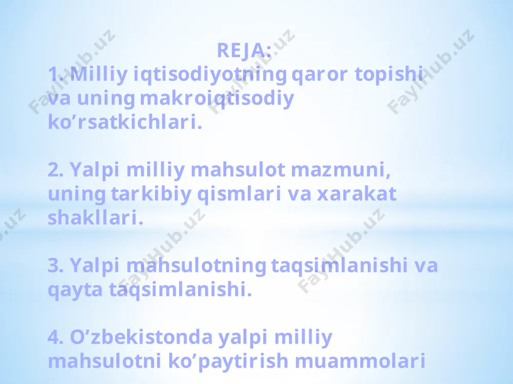 b ketishi o?ibatida ma?sulot sotish hajmining qisqarishi; uchinchidan, jahondagi investitsion faollikning pasayishi natijasida uzoq muddatli investitsion loyihalarimizni amalga oshirish muddatlarining kechikishi va h.k. makroiqtisodiyot - bu mamlakat miqyosida moddiy ishlab chiqarish va nomoddiy sohalarni bir butun qilib birlashtirgan milliy va jahon xo’jaligi darajasidagi iqtisodiyotdir makroiqtisodiyot moddiy ishlab chiqarish nomoddiy ishlab chiqarish hizmat ko`rsatish investitsiya tovarlari y2000y2008 iste'mol tovarlari iqtisodiy o'sish natijasida milliy iqtisodiyot ishlab chiqarish imkoniyatlarining kengayishi chizmadan ko'rinadiki, iqtisodiy o'sish natijasida ishlab chiqarilgan ijtimoiy mahsulot miqdori ortadi, bu esa aholi turmush farovonligini oshishiga olib keladi. iqtisodiyot mavjud ehtiyojlarni yanada to'laroq qondirish imkoniga ega bo'ladi. takror ishlab chiqarish - ishlab chiqarishni uzluksiz takorlanishi, yangidan boshlanishi jarayoni miqyosi jihatidan yondoshish bo’yicha mikromiqes (firma, korxona, uy xo’jaligi kabi) mezomiqes (sohalar, tarmoqlar) makromiqes (mamlakat) megomiqyos (jahon mamlakatlari) нajmi jihatidan yondashish bo’yicha oddiy кengaytirilgan qanday ehtiyojlarni qondirishiga qarab investision tovarlar va xizmatlar (ishlab chiqarish ehtiyojlarini qondiradigan tovarlar va xizmatlar) aholi ehtiyojlarini qondiradigan tovarlar va …
