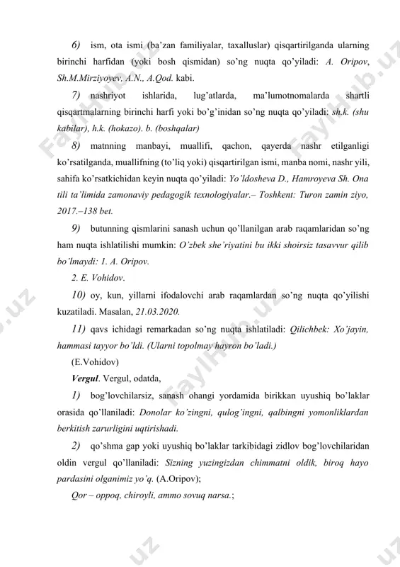 n, shaksiz... (a.o.) 7) kirish birikmalar ham kirish so’zlar kabi boshqa bo’laklardan, asosan, vergul yordamida ajratiladi. chunonchi, shunday ekan, manmanlik nechun, kibr-u havo nimaga kerak? ( e.vohidov) 8) ha, yo’q, rahmat, xo’sh, qani, xayr, ofarin, salom kabi modal ma’nolarni bildiruvchi so’z-gaplarni boshqa bo’laklardan ajratish uchun: xayr, sevan, zangori ko’l, yaxshi qol, izlarim bor qirg’oqdagi qoyangda. (e.vohidov) 9) his-hayajonsiz aytiladigan undov so’zlardan so’ng: oh, sening yoshliging menda bo’lsaydi... (e.vohidov) 10) qo’shma gap takibidagi sodda gaplarni bir-biridan ajratishda: a)bog’langan qo’shma gaplar tarkibi -u, (-yu), -da vazifadosh biriktiruv bo’g’lovchilari bilan bog’langanda ulardan so’ng vergul qo’yiladi: tog’laring tegrangda go’yo bo’g’ma ajdar bo’ldi-yu, ikki daryo – ikki chashming, chashmi giryon, o’zbegim. (e.vohidov) 11) zidlov bog’lovchilari (ammo, lekin, biroq) yordamida bog’langan qo’shma gaplarda vergul zidlov bog’lovchilaridan oldin qo’llaniladi: mening shoirligim yolg’ondir, ammo fuzuliy she’riga oshiqligim rost. (e.vohidov) 12) takror bog’lovchilari (goh…goh, yo…yo, dam…dam, ba’zan…ba’zan) hamda inkor bog’lovchisi (na…na) yordamida bog’langan qo’shma gaplarda vergul takror qo’llanayotgan bog’lovchilardan …