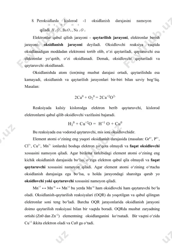 rsiyalanish (oʻz-oʻzini oksidlash va oʻz-oʻzini qaytarish). bu jarayonda bir elementning oʻzi ham oksidlanadi, ham qaytariladi. reaksiyadagi molekulyar xlor bir vaqtning oʻzida ikki vazifani bajaradi: cl20 -> 2cl- bunda xlor ikkita elektron qabul qilib oksidlovchi vazifasini bajaradi; cl20 -> 2cl+1 da esa xlor ikkita elektron berib qaytaruvchi vazifasini bajaradi. sinproporsiyalanish. ushbu jarayonda molekula tarkibidagi bir elementning turli xil oksidlanish darajasiga ega bo‘lgan atomlari kimyoviy reaksiya natijasida bir xil oksidlanish darajasidagi birikmalarga aylanadi. masalan: bu jarayonda disproporsiyalanishga teskari holat kuzatiladi. oksidlanish-qaytarilish reaksiyalarining borish yoʻnalishiga eritma muhiti ta’sir koʻrsatadi. muhitni oʻzgartirish natijasida bir xil oksidlovchi va bir xil qaytaruvchi ishtirok etgan holatlarda muhitga koʻra turli mahsulotlar hosil boʻladi. ushbu jarayonlar kaliy permanganat ishtirokida oksidimetriya usullarida keltirilgan. quyidagi jarayon kislotali muhitda boradi. bunda kaliy bixromat oksidlovchi, natriy sulfit qaytaruvchi, sulfat kislota esa kislotali muhitni ta’minlaydi. biologik sistemalarda boradigan (in vivo) oksidlanish-qaytarilish reaksiyalari. organik va anorganik birikmalarning oksidlanish va qaytarilish jarayonlarning mexanizmini bilish va ularni …