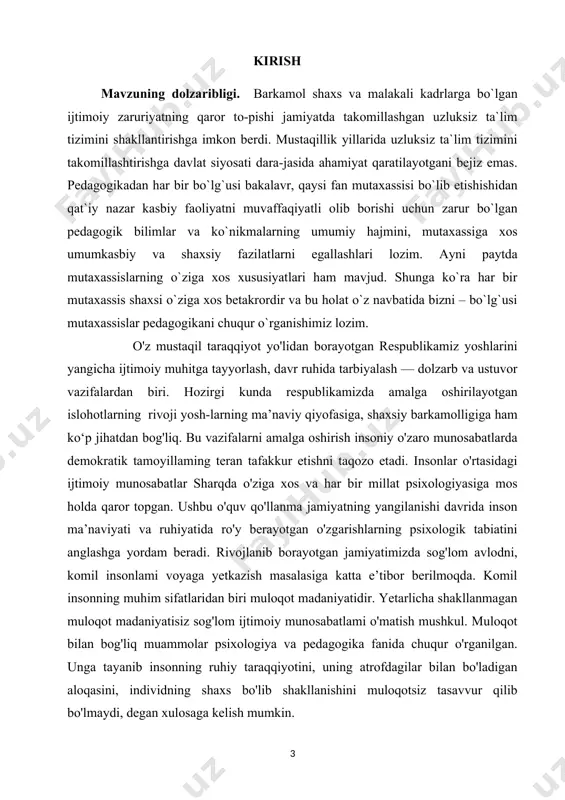 siga mos holda qaror topgan. ushbu o'quv qo'llanma jamiyatning yangilanishi davrida inson ma’naviyati va ruhiyatida ro'y berayotgan o'zgarishlarning psixologik tabiatini anglashga yordam beradi. rivojlanib borayotgan jamiyatimizda sog'lom avlodni, komil insonlami voyaga yetkazish masalasiga katta e’tibor berilmoqda. komil insonning muhim sifatlaridan biri muloqot madaniyatidir. yetarlicha shakllanmagan muloqot madaniyatisiz sog'lom ijtimoiy munosabatlami o'matish mushkul. muloqot bilan bog'liq muammolar psixologiya va pedagogika fanida chuqur o'rganilgan. unga tayanib insonning ruhiy taraqqiyotini, uning atrofdagilar bilan bo'ladigan aloqasini, individning shaxs bo'lib shakllanishini muloqotsiz tasavvur qilib bo'lmaydi, degan xulosaga kelish mumkin. chunki muloqot ham insonning o'ziga xos ehtiyojlaridan biri. insonning go'daklik va o'smirlik davrlarida muloqot yetakchi, ya’ni yangi psixologik xususiyatlarning shakllanishiga bevosita ta’sir ko'rsatuvchi faoliyat sifatida gavdalanadi. o‘zbekiston respublikаsining prezidenti sh.m.mirziyoyev tаshаbbusi bilаn ilgаri surilgаn 2017-2021-yillаrdа o‘zbekiston respublikаsini rivojlаntirishning hаrаkаtlаr strаtegiyаsidа tа’lim vа o‘qitish sifаtini bаholаshning xаlqаro stаndаrtlаrini joriy etish аsosidа oliy tа’lim muаssаsаlаri fаoliyаtining sifаti vа sаmаrаdorligini oshirish, jismonаn sog‘lom, ruhiy vа intellektuаl rivojlаngаn, mustаqil fikrlаydigаn, …