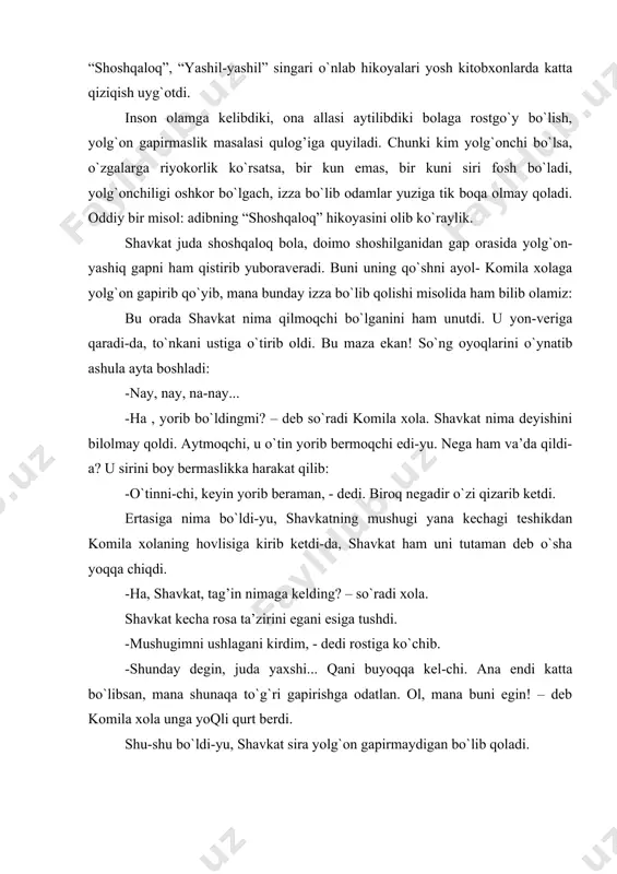 `lib qoladi. “kichkina rais” hikoyasining qahramoni kichkintoy o`quvchi bola. lekin foziljonning xatti-harakati, intilishi, paxta dalalarini sergaklik bilan kuzatishi, fikr yuritishi raislarga xos. foziljonning ona zaminga, odamlarga nisbatan qiziqishi ta’sirli chizilgan. kimsasiz, g’irt yetim bola o`z qishlog’i, atrofidagi odamlar bilan sevinib, quvonib yashaydi. o`zini ularning bag`rida erkin his etadi. xudoyberdi to`xtaboyevda yozuvchilikka ishtiyoq uyg`otgan, qobiliyatining shakllanishida muhim rol o`ynagan, asarlariga qaytarilmas rang va jilo bergan narsa hayot, vaqtli matbuot, redaktsiyadagi qaynoq ijodiy muhit va qunt, chidam bilan o`qish, o`rganish, o`z ustida ishlash bo`ladi. hayotda turli xarakterdagi odamlar ko`p bo`ladi. birov yaxshilik qilaman deb yomonlik qilib qo`yganini o`zi ham sezmay qoladi. birov o`zini jamoat uchun g’oyat foydali odamman deb o`ylaydi, aslida esa zararkuranda bo`lib chiqadi. yana birov bilar-bilmas har narsaga aralashaveradi, o`rtaga tushadi, so`z beradi, lekin bari bir men haqman, shunday qilishim kerak deb biladi. ana shunday kishilarga bag`ishlangan “jonginam, shartingni ayt” qissasi xudoyberdi to`xtaboyevni hajvchi sifatida keng kitobxonlar ommasiga tanishtirdi. xudoyberdi …