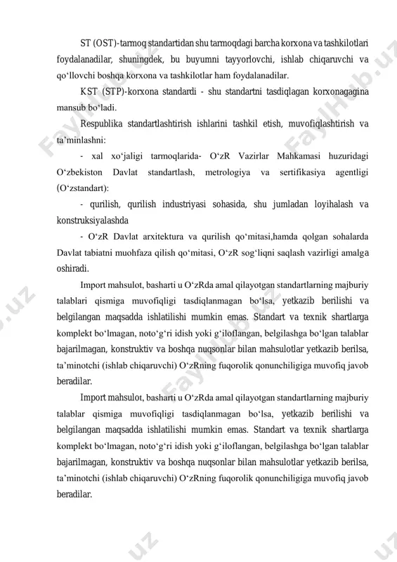 alga oshiradi. import mahsulot, basharti u o‘zrda amal qilayotgan standartlarning majburiy talablari qismiga muvofiqligi tasdiqlanmagan bo‘lsa, yetkazib berilishi va belgilangan maqsadda ishlatilishi mumkin emas. standart va texnik shartlarga komplekt bo‘lmagan, noto‘g‘ri idish yoki g‘iloflangan, belgilashga bo‘lgan talablar bajarilmagan, konstruktiv va boshqa nuqsonlar bilan mahsulotlar yetkazib berilsa, ta’minotchi (ishlab chiqaruvchi) o‘zrning fuqorolik qonunchiligiga muvofiq javob beradilar. import mahsulot, basharti u o‘zrda amal qilayotgan standartlarning majburiy talablar qismiga muvofiqligi tasdiqlanmagan bo‘lsa, yetkazib berilishi va belgilangan maqsadda ishlatilishi mumkin emas. standart va texnik shartlarga komplekt bo‘lmagan, noto‘g‘ri idish yoki g‘iloflangan, belgilashga bo‘lgan talablar bajarilmagan, konstruktiv va boshqa nuqsonlar bilan mahsulotlar yetkazib berilsa, ta’minotchi (ishlab chiqaruvchi) o‘zrning fuqorolik qonunchiligiga muvofiq javob beradilar. 2.1-rasm. standartlar darajalari, ularni tasdiqlash darajalari va o‘zbekiston standartlashtirish davlat tizimi standartlarining turlari. unifikasiya (lotinchadan: yagona tartibga, formaga keltirish) - bu ob’ektni itisodiy qo‘llanilishi ma’lumotlari asosida bir xil funksiyada bajaradigan ob’ektlarni belgilangan ko‘rsatkichlari bo‘yicha bir xillikka keltirishdir. shunday qilib, unifikasiyada eng minimal, …