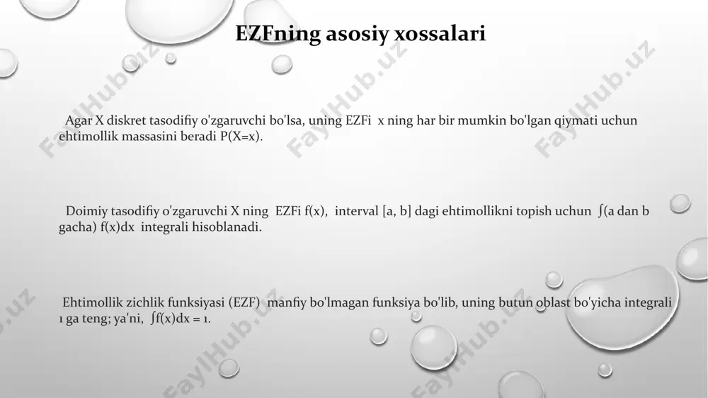 (x ≤ x), o'zgaruvchining x dan kichik yoki unga teng bo'lgan qiymatlarni qabul qilish ehtimolini ifodalaydi. bu funksiya 0 dan 1 gacha bo'lgan qiymatlarni qabul qiladi. diskret tasodifiy o'zgaruvchi uchun ehtimollik massasi funksiyasi (pmf) o'zgaruvchining har bir mumkin bo'lgan qiymatini qabul qilish ehtimolini beradi, masalan, p(x=k) = p(k), bu yerda k o'zgaruvchining mumkin bo'lgan qiymatlaridan biri. ezf va boshqa statistik ko'rsatkichlar orasidagi bog'liqlik ezf ning dispersiya bilan bogʻliqligi 0 dan 1 gacha boʻlgan oraliqda oʻzgarib, yuqori dispersiyali taqsimotlarda ezf qiymati pastroq, past dispersiyali taqsimotlarda esa yuqoriroq boʻladi. agar ezf qiymati 0.5 ga yaqin bo'lsa, bu taqsimotning medianasi va o'rtacha qiymatining yaqin ekanligini ko'rsatadi, bu esa taqsimotning simmetrikligidan dalolat beradi. ezf va o'rtacha qiymati o'rtasidagi bog'liqlik taqsimotning shakli va assimetriyasiga bog'liq bo'lib, masalan, simmetrik taqsimotlarda ular yaqin qiymatlarga ega bo'lishi mumkin. e'tiboringiz uchun rahmat @taqdimot_robot image1.png image2.png image3.png