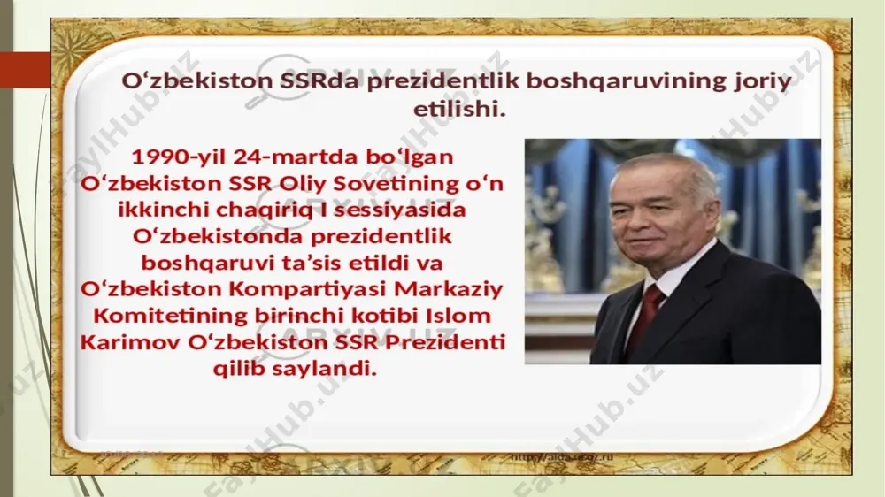 lar», «sizlar mute, qaram xalqsizlar», «sizlar uchun biz fikrlaymiz, nazariya yaratamiz, sizlar esa bajarasizlar, xolos» deb shovinistlarcha g`arazgo‘ylik qilsa, mamlakat ichkarisidagi ayrim toifalar o`rtasida “endi o`zbekiston qanday yoldan boradi? qanday jamiyat quradi? markazsiz yashay oladimi? respublikada ijtimoiy-siyosiy bargarorlik ta'minlanadimi?” — qabilidagi savollar paydo bo'lgan edi. mustaqillik deklaratsiyasi 1990- yil 18- iyun kuni xii chaqiriq respublika oliy kengashining ikkinchi sessiyasi ochildi. deputatlarning taklifi bilan o‘zbekistonning mustaqillik deklaratsiyasini qabul qilish masalasi sessiya kun tartibiga kiritildi. oliy kengashning doimiy komissiyalari, faol deputatlar va huquqshunos mutaxassislar tomonidan ishlab chiqilgan mustaqillik deklaratsiyasi matni sessiyada qizg‘in muhokama qilindi va 20- iyun kuni qabul qilindi. mustaqillik deklaratsiyasida xalqimizning xohish-irodasiga to‘la mos keladigan oliy maqsad 12 moddadan iborat qilib belgilandi mustaqillik deklaratsiyasining qabul qilinishi mamlakatimizning tom ma’nodagi haqiqiy mustaqillikka erishish yo‘lida muhim ahamiyatga ega bo‘ldi. shundan e’tiboran mamlaka-timizning siyosiy, iqtisodiy va ma’naviy hayotiga doir masalalar mustaqil tarzda hal etila boshlandi. 0`zbekiston mustaqilligining dastlabki kunidanoq, “jahon va o'zimizning amaliyotimizdan …