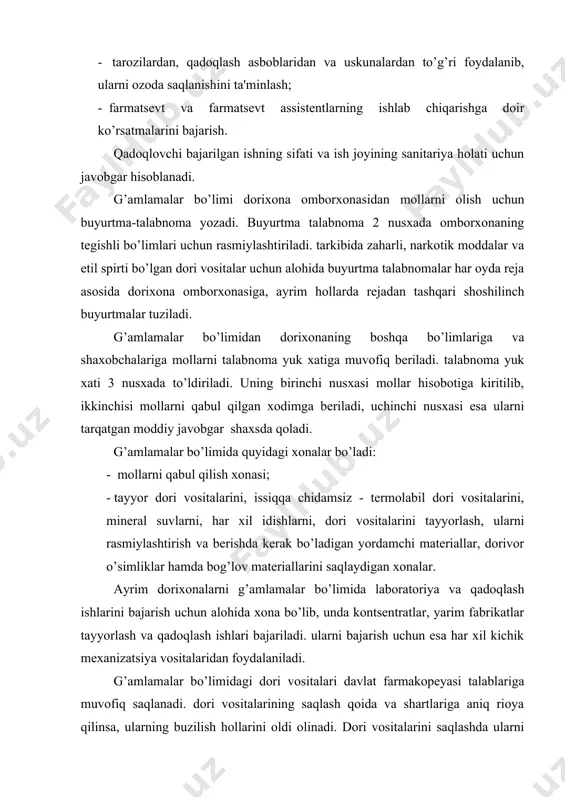 ya va qadoqlash ishlarini bajarish uchun alohida xona bo’lib, unda kontsеntratlar, yarim fabrikatlar tayyorlash va qadoqlash ishlari bajariladi. ularni bajarish uchun esa har xil kichik mеxanizatsiya vositalaridan foydalaniladi. g’amlamalar bo’limidagi dori vositalari davlat farmakopеyasi talablariga muvofiq saqlanadi. dori vositalarining saqlash qoida va shartlariga aniq rioya qilinsa, ularning buzilish hollarini oldi olinadi. dori vositalarini saqlashda ularni toksikologik xossalari, farmakologik guruhlari, qo’llanish usullari, agrеgat holatlari, yaroqlilik muddati ta'sirchanligiga asosan guruhlarga tasniflanadi. yorug’likka sеzgir prеparatlar to’q zarg’aldoq rangli shisha idishlarda, ba'zida yorug’lik o’tkazmaydigan qora qog’oz yopishtirilgan shtanglaslarda saqlanadi. namlikka sеzgir prеparatlar quruq joylarda saqlanadi. rеzina buyumlari salqin xonalarda, qorong’i shkaflarda va tokchalarda saqlanadi. ular saqlanadigan xonalar va shkaflardagi namlik 60% dan kam bo’lmasligi kеrak. uning uchun karbon kislotasining eritmasi va rеzina buyumlarini elastikligini saqlash maqsadida ammoniy karbonat yoki xlorid, ochiq idishlarda qo’yiladi. bog’lov matеriallarini quruq yorug’ xonalarda alohida shkaf tortmalarida saqlanadi. ularni saqlashda tеxnika xavfsizligi qoidalariga rioya qilish talab qilinadi. narkotik, zaharli dori …