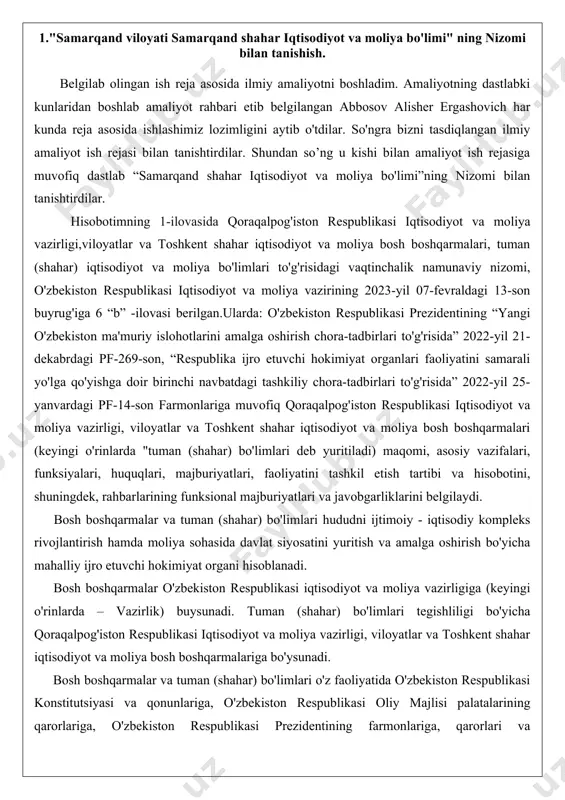 a-tadbirlari to'g'risida” 2022-yil 21-dekabrdagi pf-269-son, “respublika ijro etuvchi hokimiyat organlari faoliyatini samarali yo'lga qo'yishga doir birinchi navbatdagi tashkiliy chora-tadbirlari to'g'risida” 2022-yil 25-yanvardagi pf-14-son farmonlariga muvofiq qoraqalpog'iston respublikasi iqtisodiyot va moliya vazirligi, viloyatlar va toshkent shahar iqtisodiyot va moliya bosh boshqarmalari (keyingi o'rinlarda "tuman (shahar) bo'limlari deb yuritiladi) maqomi, asosiy vazifalari, funksiyalari, huquqlari, majburiyatlari, faoliyatini tashkil etish tartibi va hisobotini, shuningdek, rahbarlarining funksional majburiyatlari va javobgarliklarini belgilaydi. bosh boshqarmalar va tuman (shahar) bo'limlari hududni ijtimoiy - iqtisodiy kompleks rivojlantirish hamda moliya sohasida davlat siyosatini yuritish va amalga oshirish bo'yicha mahalliy ijro etuvchi hokimiyat organi hisoblanadi. bosh boshqarmalar o'zbekiston respublikasi iqtisodiyot va moliya vazirligiga (keyingi o'rinlarda – vazirlik) buysunadi. tuman (shahar) bo'limlari tegishliligi bo'yicha qoraqalpog'iston respublikasi iqtisodiyot va moliya vazirligi, viloyatlar va toshkent shahar iqtisodiyot va moliya bosh boshqarmalariga bo'ysunadi. bosh boshqarmalar va tuman (shahar) bo'limlari o'z faoliyatida o'zbekiston respublikasi konstitutsiyasi va qonunlariga, o'zbekiston respublikasi oliy majlisi palatalarining qarorlariga, o'zbekiston respublikasi prezidentining …