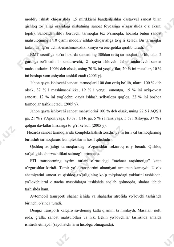 adi. qishloq xo`jaligida chorvachilikni salmog`i ortmoqda. fti transportning ayrim turlari o`rtasidagi “mehnat taqsimotiga” katta o`zgarishlar kiritdi. temir yo`l transportini ahamiyati umuman kamaydi. u o`z ahamiyatini sanoat va qishloq xo`jaligining ko`p miqdordagi yuklarini tashishda, yo`lovchilarni o`rtacha masofalarga tashishda saqlab qolmoqda, shahar ichida tashishda ham. avtomobil transporti shahar ichida va shaharlar atrofida yo`lovchi tashishda birinchi o`rinda turadi. dengiz transporti xalqaro savdoning katta qismini ta`minlaydi. masalan: neft, ruda, g`alla, sanoat mahsulotlari va h.k. lekin yo`lovchilar tashishda amalda ishtirok etmaydi.(sayohatchilarni hisobga olmaganda). havo transporti yo`lovchilarni o`rtacha va uzoq masofalarga tashishda katta ahamiyatga ega. ftining xo`jalikning hududiy joylashtirilishiga ta`sir etuvchi omillari: 1.hududiy omil.hudud jamiyat geografik muhitining muhim qismlaridan biridir. hudud qancha katta bo`lsa, tabiiy resurslari shuncha boy, xilma-xil bo`ladi. aholi va ishlab chiqarishni joylashtirishning turli xil variantlari shuncha ko`p bo`ladi. masalan: rossiya, aqsh, kanada. ularda hudud kattaligi sababli iqtisodiy zona, rayon, hudud. aksincha kichik mamlakatlarda hudud “etishmasligi” kuzatiladi. 2.iqtisodiy geografik o`rin omili(igo`). igo` tushunchasini fanga …