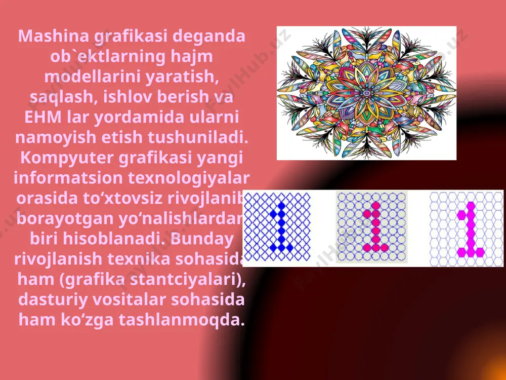 rdan yuqori piksellarda beriladi. tasvir o‘lchovi ruxsat etish qobiliyati bilan bog‘liqdir. bu parametr dpi(dots per inch-nuqtalar soni zichligi) bilan o‘lchanadi. ekran dioganali 15 dyuymli (1dyuym=2,54 sm) monitorda tasvir o‘lchovi 28x21 sm ni tashkil qiladi. buni hisobga olsak, 800x600 pikselli monitor ekranining tasvirlash qobiliyati 72 dpi ga teng bo‘ladi. demak, kompyuter xotirasidagi rangli tasvir ko‘p joy olinishini tushunish qiyin emas. misol uchun 10x15 sm li rasm taxminan 1000x1500 piksellardan iborat bo‘ladi. agar har bir rangli nuqtani tasvirlash uchun 3 bayt xotira ishlatilishini hisobga olsak, bitta o‘rtacha kattalikdagi rasmning o‘zi xotirada taxminan 4 mln. bayt joyni egallaydi. bunday ma`lumot, xususan, internet sahifalarini yaratishda e`tiborga olinishi zarur. shuning uchun ham hozirgi kunda yaxshi multimedia dasturlarini, videorolikni yaratish uchun operativ xotirasi 128 mbaytdan kam bo‘lmagan va mos ravishda, tezligi katta bo‘lgan kompyuterlardan foydalanish maqsadga muvofiq. tijoratga oid grafika elektron jadvallarda yoki berilganlar bazasidagi axborotlarni aks ettirish uchun xizmat qiladi. bu axborotlar shehm monitor ekranida …