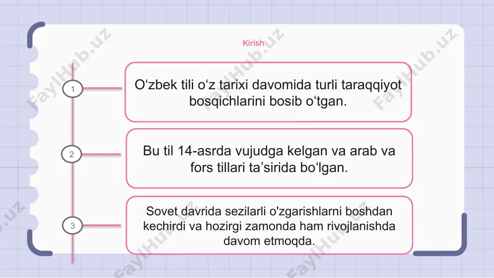 ilining ta’siri bilan tavsiflanadi. rus tili ta’sirini o‘zbek tilining lug‘at, grammatika va fonetikada ko‘rish mumkin. oʻzbek tili taraqqiyotining dastlabki bosqichlarida rus tilidan, xususan, texnika, fan, siyosat sohalarida soʻzlarni oʻzlashtira boshladi. keyingi bosqichlarda rus tilining taʼsiri kengayib, grammatik tuzilmalar va fonetik elementlarning oʻzlashtirilishi, oʻzbek tilini boyitib, oʻzbekiston va rossiya oʻrtasidagi chambarchas tarixiy bogʻliqlikni aks ettiradi. 1 2 3 til islohoti o‘zbek tilining rivojlanish bosqichlarini uchta asosiy davrga bo‘lish mumkin. birinchi davr qadimgi turkiy davr boʻlib, ix asrdan 13-asrgacha davom etgan. ikkinchi davr — 14—18-asrlargacha davom etgan chagʻatoylar davri. standartlashtirish jarayoni o‘zbek tilining rivojlanish bosqichlari vaqt o‘tishi bilan yuzaga kelgan standartlashtirish jarayonini o‘z ichiga oladi. bu jarayon adabiy tilni yaratish va standartlashtirilgan alifboni yaratishni o'z ichiga oladi. o‘zbek tili taraqqiyotining birinchi bosqichi adabiy tilning vujudga kelishi bilan bog‘liq. bu turli dialektlarni tilning standartlashtirilgan versiyasiga kodlashdan iborat edi. o‘zbek tili taraqqiyotining ikkinchi bosqichi standartlashtirilgan alifbo yaratish bilan bog‘liq. bunda lotin alifbosining qabul qilinishi, …