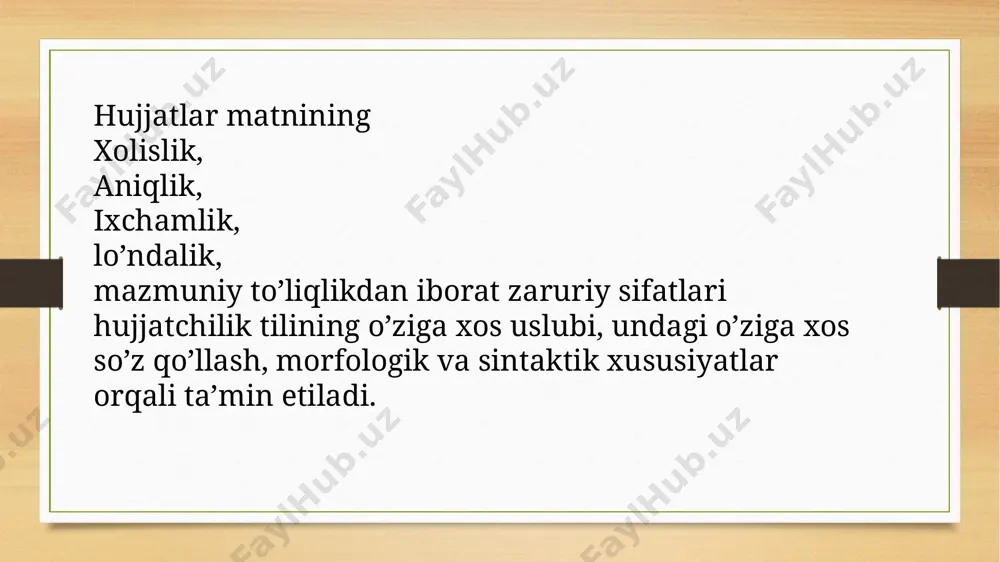 l ishlatilishi ham yuqoridagi fikrning tasdig‘idir shu o‘rinda rasmiy uslubda yozilgan matnlar uchun barcha morfologik vositalar va kategoriyalarning qo‘llanilishi bir xil darajada emasligini ta’kidlash ham maqsadga muvofiq. masalan, sonlar va olmoshlar bu uslubda boshqa so‘z turkumlariga qaraganda ikkinchi darajali omil hisoblanadi. rasmiy uslubning sintaktik alomatlari ham matnda darhol ko‘zga tashlanadi. unda darak gaplar, uning ayniqsa qo‘shma gap shakli ko‘p ishlatiladi. yoyiq va murakkab so‘z birikmalari mahsuldor hisoblanadi, murakkab tipdagi nomlar keng qo‘llaniladi. gap tuzilishida o‘zbek tilidagi odatdagi me’yorga amal qilinadi va yuqorida sanalgan jihatlari bilan ilmiy uslubga o‘xshab ketadi. sinonimlar tasnifi haqida z.i.xovanskaya quyidagilarni yozadi: «…lug‘aviy sinonimlar – bir so‘z turkumiga tegishli bo‘lgan, o‘z ma’nosida jins va tur alomatlarini saqlaydigan, mavhumlikning bir xil sathiga aloqador bo‘lgan va denotativ yoki ma’noning uslubiy komponentlari bilan farq qiladigan til birligidir. uslubiy tadqiqot uchun shu narsa favqulodda muhimki, sinonimik munosabatlar faqatgina til tizimida mavjud bo‘lmasdan, balki u ham til birliklarining uslubiy tarmoqlanishida ishtirok etadigan, …