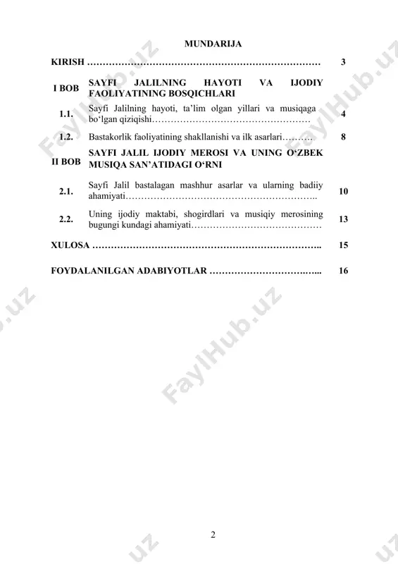 ohiyatini o‘rganish, uning ijodiga zamonaviy adabiy-tahliliy yondashuvlar asosida baho berish hamda uni ta’lim jarayoniga joriy etish yo‘llarini aniqlashdan iborat. kurs ishining obyekti - kurs ishining obyekti sifatida sayfi jalilning hayoti va adabiy merosi olinadi. ushbu obyekt doirasida adibning tarjimai holi, ijodiy faoliyatining bosqichlari, jamiyatdagi o‘rni, shuningdek, uning she’riy va nasriy asarlari, ularda aks etgan g‘oyaviy-badiiy mazmun, milliylik va insonparvarlik tamoyillari tahlil qilinadi. shuningdek, sayfi jalil asarlarini o‘rganishda qo‘llaniladigan didaktik usullar, adabiy tahlil yondashuvlari, o‘quvchilarda estetik qarashlarni shakllantirish vositalari hamda adib ijodining yosh avlod tarbiyasidagi o‘rni ko‘rib chiqiladi. i bob. sayfi jalilning hayoti va ijodiy faoliyatining bosqichlari 1.1. sayfi jalilning hayoti, ta’lim olgan yillari va musiqaga bo‘lgan qiziqishi. sayfi jalil – o‘zbek adabiyoti va madaniyatining yorqin vakillaridan biri bo‘lib, u o‘zining adabiy va musiqiy merosi bilan milliy madaniyat taraqqiyotiga ulkan hissa qo‘shgan ijodkordir. uning hayoti, ijodiy faoliyati va musiqaga bo‘lgan mehr-muhabbati orqali biz bir insonning qalbida san’at qanday chuqur ildiz otishini …