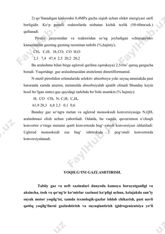 hishi bilan uglerod dioksidini miqdori kamayib, uglerod monooksidiniki oshadi: xavodagi kislorodni miqdori oshishi bilan olinayotgan gaz tarkibida uglerodni dioksidi va monooksidi oshib, azot kamayadi. nazariy jixatdan xavoli yoki kislorod-xavoli generator gazi asosan uglerod monooksidi va azotdan iborat bo‘lishi kerak; ammo ishlatilayotgan yoqilg‘i tarkibida suv, uchuvchan va oltingugurtli birikmalar bo‘lgani uchun, generator gazi tarkibida vodorod, vodorod sulfid, metan va x.k. ham bo‘ladi. toshko‘mirli koksni havo ishtirokida gazlashtirish natijasida quyidagi gaz aralashmasi olinadi: cо-33,5%; n2-64,3%; со2-0,6%; н2-1,0%; cн4-0,3%; н2s-0,3%. cuv bug‘ini generator gazini lag‘ga cho‘g‘ holdagi yoqilg‘i-ko‘mir, uglerod qatlamiga suv bug‘ini 1200 к da ta’sir ettirib olinadi: c(к)qн2о(буг)=соqн2-131,34 кж (9) bu reaksiya endotermik, geterogen, amaliy kaytardir. endotermik bo‘lgani uchun generatordagi yoqilg‘i harorati borgani sari kamayadi. bu esa uglerod monooksidi va vodorodni chiqishini xam, ularni xosil bo‘lish tezligini ham kamayishiga olib keladi. shuning uchun generatordagi yo‘qolayotgan issiqlikni kayta tiklash maqsadida generatorga suv bug‘i berish to‘xtalib, uning o‘rniga havo puflanadi: bu vaqtda ekzotermik reaksiya: …