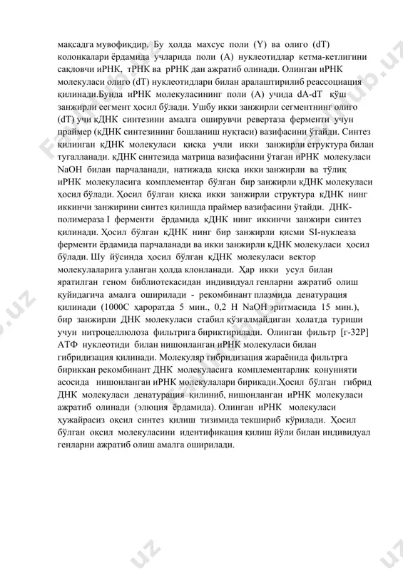 ланиш нуқтаси) вазифасини ўтайди. синтез қилинган кднк молекуласи қисқа учли икки занжирли структура билан тугалланади. кднк синтезида матрица вазифасини ўтаган ирнк молекуласи naoh билан парчаланади, натижада қисқа икки занжирли ва тўлиқ ирнк молекуласига комплементар бўлган бир занжирли кднк молекуласи ҳосил бўлади. ҳосил бўлган қисқа икки занжирли структура кднк нинг иккинчи занжирини синтез қилишда праймер вазифасини ўтайди. днк-полимераза i ферменти ёрдамида кднк нинг иккинчи занжири синтез қилинади. ҳосил бўлган кднк нинг бир занжирли қисми si-нуклеаза ферменти ёрдамида парчаланади ва икки занжирли кднк молекуласи ҳосил бўлади. шу йўсинда ҳосил бўлган кднк молекуласи вектор молекулаларига уланган ҳолда клонланади. ҳар икки усул билан яратилган геном библиотекасидан индивидуал генларни ажратиб олиш қуйидагича амалга оширилади - рекомбинант плазмида денатурация қилинади (1000с ҳароратда 5 мин., 0,2 н naoh эритмасида 15 мин.), бир занжирли днк молекуласи стабил қўзғалмайдиган ҳолатда туриши учун нитроцеллюлоза фильтрига бириктирилади. олинган фильтр [г-32p] атф нуклеотиди билан нишонланган ирнк молекуласи билан гибридизация қилинади. молекуляр гибридизация …