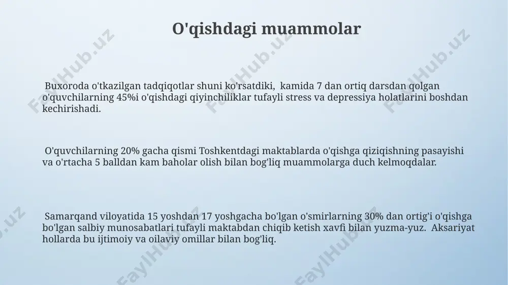 onlar darajasi keskin o‘zgarib, jismoniy va psixologik o‘zgarishlarga olib keladi, ayniqsa, o‘zbekiston sharoitida. ruhiy salomatlik muammolari o'smirlar orasida ruhiy salomatlik muammolari, masalan, depressiya va tashvish, jahon sog'liqni saqlash tashkiloti ma'lumotlariga ko'ra, dunyo bo'ylab 20% ga yaqin o'smirlar orasida uchraydi va bu raqamlar har yili o'sib bormoqda. qo'shma shtatlardagi tadqiqotlar shuni ko'rsatdiki, 10 dan 1 o'smir o'z joniga qasd qilish haqida o'ylaydi va ularning 15%i o'z joniga qasd qilishga urinib ko'rishadi. bu juda jiddiy muammo va darhol yordamga muhtoj. o'zbekistonning ba'zi hududlarida, ayniqsa qishloq joylarida, ruhiy salomatlik xizmatlariga kirish cheklangan, bu esa 30% dan ortiq o'smirlarga tegishli muammolarni hal qilish imkoniyatini kamaytiradi. o'smirlik davri qiyinchiliklari o'smirlarning 70% dan ortig'i samarqand viloyatida o'tkazilgan tadqiqotlarga ko'ra, o'z tengdoshlari bilan munosabatlardagi muammolar, masalan, kiber-tajovuz yoki ijtimoiy chetlatish kabi holatlar bilan kurashishadi. o'smirlik davri (13-19 yosh)da, ayniqsa, toshkent kabi yirik shaharlarda yashovchi o'smirlarning 30% gacha bo'lgan qismi o'ziga xos gormonal o'zgarishlar tufayli kayfiyatning keskin o'zgarishi …