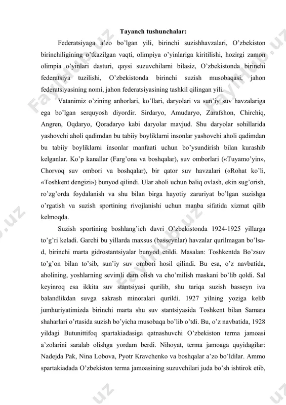 a toshkent bilan samara shaharlari o’rtasida suzish bo’yicha musobaqa bo’lib o’tdi. bu, o’z navbatida, 1928 yildagi butunittifoq spartakiadasiga qatnashuvchi o’zbekiston terma jamoasi a’zolarini saralab olishga yordam berdi. nihoyat, terma jamoaga quyidagilar: nadejda pak, nina lobova, pyotr kravchenko va boshqalar a’zo bo’ldilar. ammo spartakiadada o’zbekiston terma jamoasining suzuvchilari juda bo’sh ishtirok etib, turkmaniston jamoasidangina yuqori 16-o’rini oldilar. shunga qaramay, butunittifoq spartakiadasi o’zbekiston jumhuriyatining buxoro, andijon, toshkent, farg’ona va boshqa shaharlarida ham suzish sportining rivojlanishi uchun turtki bo’ldi. masalan: toshkent «komsomol ko’li»da. andijon shahri istirohat bog’idagi sun’iy suv havzasida, buxorodagi istirohat bog’i ichidagi eng katta labihovuzda suzuvchilar suzish sporti bo’yicha har xil mashg’ulotlar o’tkazadigan bo’ldilar. 1930 yili «mehnat va vatan mudofaasiga bo’l tayyor» (gto) kompleks majmuasi nizomi tasdiqlangach, toshkentda yangi turdagi basseynlar barpo etildi. qad ko’targan yirik korxonalar qoshida zamonaviy basseynlar qurila boshlandi. masalan: toshkent tuqimachilik kombinati qoshida uzunligi 50m keladigan suvi isitiladigan ochiq basseyn qurib ishga tushirildi. 1935 yil andijonning sun’iy …