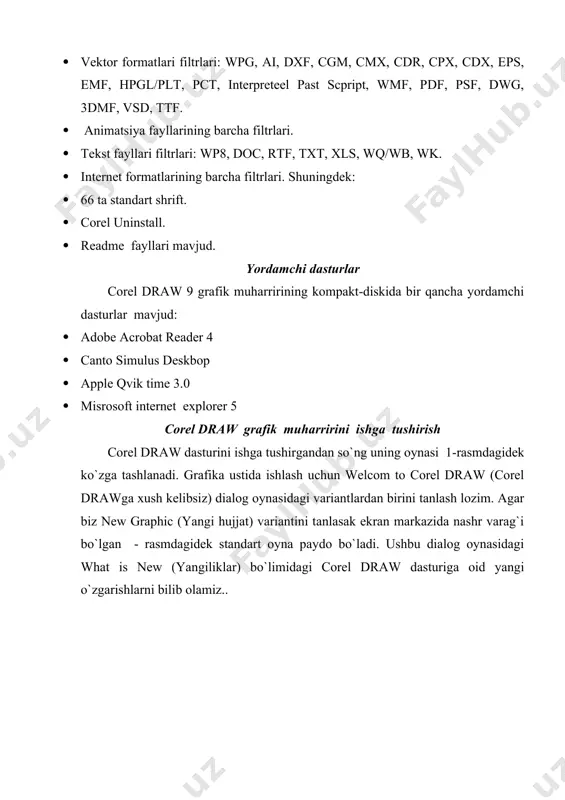 d. ba'zi instrumentlar tugmalarining o`ng tomonidagi pastki qismida kichkina qora uchburchakliklar qo`yilgan. agar bunday tugmani "sichqoncha" bilan bir oz vaqt bosib tursak, undan qo`shimcha instrumentlarning tugmalari ochiladi. 8-rasm quyidagi tablitsada grafika panelidagi barcha instrumentlar va ularga qo`shimcha bo`lgan instrumentlarning asosiy bajaradigan vazifalari to`g`risida ma'lumotlar keltirilgan: t/r instrument qo`shimcha instrumentlar bajaradigan vazifalari 1 pick (ko`rsatgich) ob'ektlarni tanlash va qayta tuzish shape (shakl) knife (pichoq) eraser (o`chirg`ich) freetransform (erkin holatda o`z-gartirish) kontur bog`lamlarini surish hisobiga ob'ektlarning shaklini o`zgartirish. grafik ob'ektlarning qismlarini qirqish va chiziqlarni birlashtirish. ob'ekt qismlarini o`chirish. ob'ektlarni o`zgartirish va qayta tuzish. 3 zoom (масштаб) pan (varaqni surish) ob'ektlarni kattalashtirilgan yoki kengaytirilgan holatda ko`rish. varaqni hujjat oynalari chekkasiga joylashtirish. 4 freehand (egri) bezier (egri beze) artistic (badiiy vositalar) dimension (o`lcham chiziqlari) connector line (birlashtiruvchi chiziq) egri shakldagi chiziqlarni xuddi qalamda chizgandek chizish "nuqtalarni birlashtirish" va egri shaklni boshqarish orqali egri chiziqar chizish. turli tuman badiiy effektlarni qo`llagan holda mo`yqalam holatida rasm …