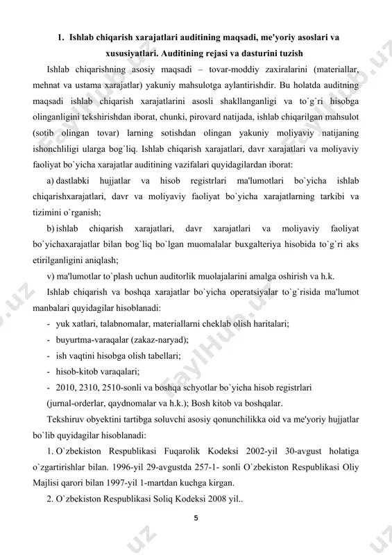ng yuqorida qayd etilgan maqsadi - ishlab chiqarish xarajatlari hisobi, davr xarajatlari va moliyaviy faoliyat bo`yicha xarajatlar auditini bajarishga kirishishdan avval, ishlab chiqarish va xarajatlar jarayoni bo`yicha ichki nazorat tizimining kuchli va zaif tomonlarini baholash maqsadida dastlabki sharhni tayyorlash lozim. sharh natijalariga ko`ra subyekt ma'muriyatining ishlab chiqarish xarajatlari, davr xarajatlari va moliyaviy faoliyat bo`yicha xarajatlarga nisbatan bo`lgan munosabati aniqlanadi. ishlab chiqarish xarajatlari, davr xarajatlari va moliyaviy natijalar auditining obyekti quyidagi 6.2-jadvalda keltirilgan. 2-jadval ishlab chiqarish xarajatlari, davr xarajatlari va moliyaviy natijalar auditining obyekti ko`rsatkichlar nomi schyotlar raqami moliyaviy hisobot shakllaridagi ko`rsatkichlar 1- shakl 2- shakl 4- shakl satr raqami satr raqami satr raqami 1 2 3 4 5 tugallanmagan ishlab chiqarish 2000, 2100, 2300, 2700 160 kelgusi davr xarajatlari 3100 190 kelgusi davr xarajatlari va to`lovlari uchun zaxiralar 8900 470 mahsulot (ish, xizmat) larni sotishdan sof tushum 010 sotilgan mahsulot (ish, xizmat) larning tannarxi 020 mahsulot (ish, xizmat) lar sotishning …