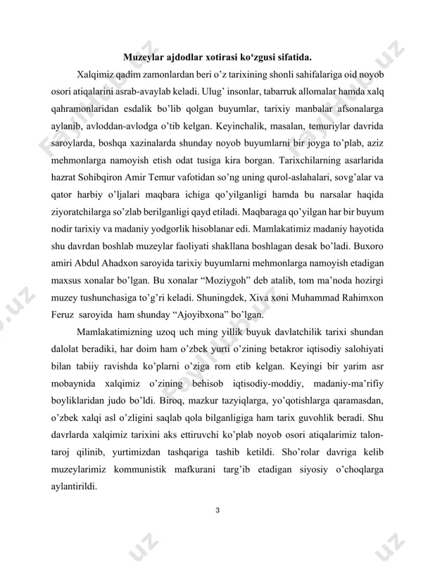 asosiy xazinalar orasida qadimgi odam skeleti (eramizdan oldingi 1.5 mln yil), hayvonlar shakli tasvirlangan bronza qozoncha, budda va monaxlar tasviri tushirilgan triada (eramizning 1-asri), buyuk ipak yo‘liga aloqasi bo‘lgan turli buyumlar. uchinchi qavat hozirgi o‘zbekiston va o‘rta osiyoning boshqa respublikalari hududida hukmronlik qilgan uchta xonlik davrini namoyish etadi. to‘rtinchi qavatda mamlakatning sanoat, iqtisodiy va sport yutuqlarini namoyish etuvchi eksponatlar va xix-xxi asrlar maketlari to‘plangan. muzeyda suvenirlar rastasi bor, unda milliy uslubda tayyorlangan suvenirlar hamda sopol, tekstildan tayyorlangan g‘aroyib buyumlar va boshqa narsalar sotiladi. mustaqil vatanimizda milliy o`zlikni tiklashga alohida e`tibor berilmoqda. zero bizning yurt ajdodlarining tarixda ko`rsatgan buyuk xizmatlarini xolis o`rganish va targ`ib etish alohida ahamiyat kasb etadi. sovet davrida faqat «qizil imperiya» mafkurasiga xizmat qilgan muzeylar endilikda milliy o`zlikni anglashga xizmat qilishi lozim. mustaqillik davrida muzeylar ishiga alohida e`tibor berilmoqda. buning bir qancha omillari bor: birinchidan, mustamlakachilik yillarida ongimizdan o`chirib tashlangan milliy tuyg`ularni qayta tiklash; ikkinchidan, milliy g`urur, milliy …