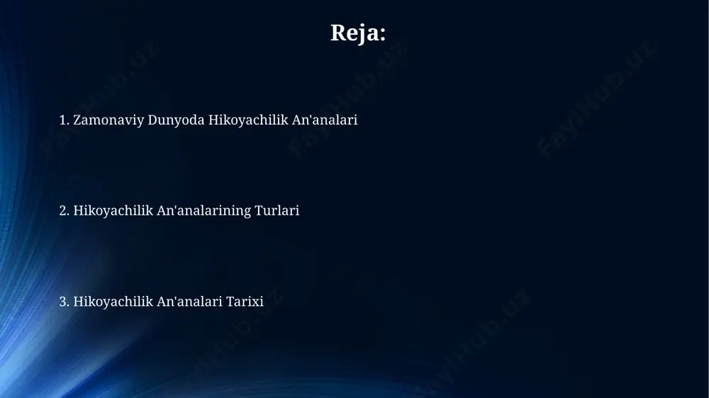 marqand va buxoro kabi shaharlar tasvirlanadi. ertaklardagi sehrli sonlar, masalan, 3, 7, 40, voqealarni ramziy va syujet jihatidan muhim element sifatida aks ettiradi, bu markaziy osiyo xalqlari uchun umumiydir. o'zbek xalq ertaklari, o'rta asrlardan boshlab og'zaki an'ana orqali avloddan-avlodga o'tib, 500 dan ortiq variantlarda saqlanib qolgan. hikoyachilikning ijtimoiy ahamiyati samarqand va buxoro kabi tarixiy shaharlardagi hikoyachilar, 1000 yildan ortiq davom etgan an'analarni saqlab, ijtimoiy yaxlitlikni mustahkamlashga va mahalliy madaniyatni asrashga hissa qo'shishadi. hikoyachilik, ayniqsa, o'zbekistonning qishloq hududlarida, 50 dan ortiq yoshdagi avlodlar orasida, 2-3 avlodga an'anaviy bilim va qadriyatlarni uzatishda muhim rol o'ynaydi. hikoyalarning ijtimoiy-psixologik ta'siri, 15-20 kishidan iborat guruhlarda kuzatilgan bo'lib, stress darajasini pasaytirish va jamoaviy tuyg'uni kuchaytirishga yordam beradi. hikoyachilik an'analari tarixi hikoyachilik an’analari oʻrta osiyoda, xususan, samarqand va buxoro kabi shaharlarda, 15-asrda keng tarqalgan boʻlib, 20 dan ortiq hikoya aytish maktablari mavjud edi. 19-asr oxirida, turkiston general-gubernatorligi hududida, 50 ga yaqin hikoya aytuvchi yozma asarlarni yaratishga hissa …