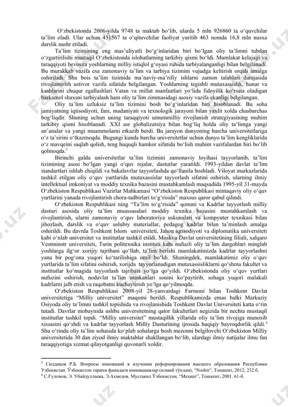 davlat siyosati darajasiga ko‘tarildi. o‘zbekiston respublikasida ilm-fanni rivojlantirishda o‘zbekiston respublikasi fanlar akademiyasining o‘rni beqiyosdir. shuningdek, respublika oliy ta’lim muassasalaridagi professor-o‘qituvchilar faoliyatining salmoqli qismi ilmiy tadqiqotlargna qaratilganligi o‘z samarasini bera boshladi. “fan, ta’lim va ishlab chiqarish integratsiyasi” o‘zbekistonda ilmu-fan rivojlanishiga bosh maqsadlardan biri etib belgilandi. 1992-yilda o‘zbekiston respublikasining birinchi prezidentining farmoniga binoan respublika vazirlar mahkamasi huzurida oliy attestatsiya komissiyasi tashkil etilishi munosabati bilan fanlar akademiyasiningning mavqei ortdi. o‘zbekiston respublikasi prezidentining “ilmiy tadqiqot faoliyatini tashkil etishni takomillashtirish to‘g‘risida” 2002-yil 20-fevraldagi farmoni ilmiy tadqiqotlar va texnologik ishlanmalar sifatiga qo‘yilgan talablarga muvofiq iolmiy texnika va innovatsiya faoliyatini yanada rivojlantirishda, shuningdek, mamlakat ilmiy salohiyatidan samarali foydalanishni ta’minlashda muhim ahamiyatga ega bo‘ldi. respublikaning ilmiy tadqiqot majmuini akademiya, oliy ta’lim va boshqa tarmoqlaridagi 350 dan ortiq muassasani, jumladan, ilmiy tadqiqot institutlari, oliy o‘quv yurtlaridagi ilmiy tadqiqot bo‘linmalari, loyiha konstruktorlik tashkilotlari, ilmiy ishlab chiqarish birlashmalari va tajriba korxonalari, axborot-hisoblash markazlari o‘z ichiga oladi. 2006-yildagi natijalar bo‘yicha fanning turli …