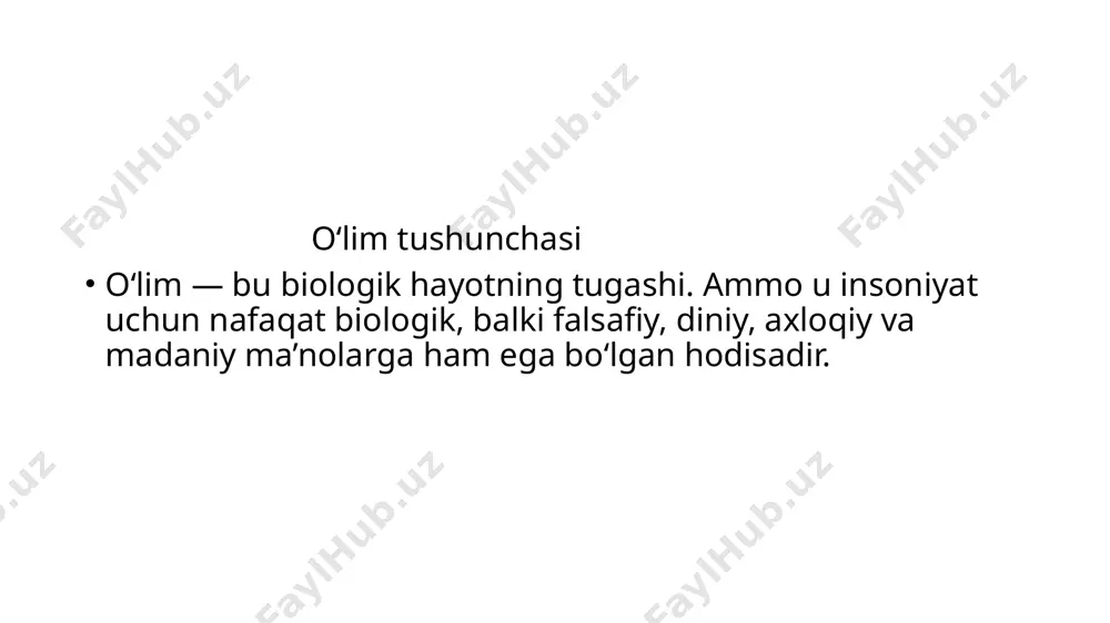 imi masalasi va uning zamonaviy tibbiy amaliyotdagi ahamiyati miya o‘limi — bu butun miya, shu jumladan miya po‘stlog‘i va miya ustuni faoliyatining to‘liq va qaytarilmas to‘xtashidir. bu holat klinik o‘limdan farqli bo‘lib, organizmda yurak urishi va nafas olish apparatlar orqali sun’iy ravishda saqlanib tursa-da, ong va miya faoliyati mutlaqo yo‘qoladi. miya o‘limining belgilari: 1. ongning yo‘qligi (komatoz holat). 2. barcha bosh miya nervlari reflekslarining yo‘qligi. 3. o‘z-o‘zidan nafas olishning to‘xtashi (apnoe testi bilan aniqlanadi). 4. elektroensefalogrammada miya faolligining yo‘qligi. 5. nevrologik tekshiruvlar va tasdiqlovchi testlar (masalan, mrt yoki angiografiya). zamonaviy tibbiyotdagi ahamiyati: 1. organ transplantatsiyasi miya o‘limi tashxisi donorlik uchun asos bo‘ladi. bunday holatda yurak, buyrak, jigar kabi a’zolar tirik holatda olinadi va boshqa bemorlarga ko‘chirib o‘tkaziladi. bu hayotlarni saqlab qolishda juda muhim. 2. yuridik va etik mezonlar ko‘pgina mamlakatlarda miya o‘limi biologik o‘lim deb qabul qilinadi. bu esa bemorning qonuniy o‘limi haqidagi qarorlarni qabul qilishga asos bo‘ladi. 3. sun’iy …