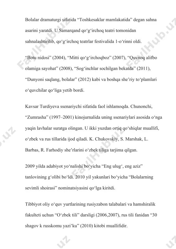 ozlar. siz bergan odobdan, go‘yoki oftobdan, bahorga aylanar ayozlar. har sinf xonada, mehribon onaday, bizlarni qarshilar ustozlar. ko‘tarib qaddimiz, yozdirib xatimiz, qoralab ko‘p daftar, qog‘ozlar, deb, mitti daholar, bizlami baholar, har fursat baholar ustozlar. ulg‘ayar nihollar, echilar savollar, sevinchlar topadi qiyoslar, o‘tsa ham arazlar, sizda yo‘q g‘arazlar. sizda ko‘p havaslar, ustozlar. fan degan o‘lkaga, bilimni yelkaga, siz ortgach, qilamiz parvozlar, har kichik sarhadda, quvonib albatta, bizlarga qaraysiz, ustozlar. bu kunlar tush bo‘lib, uchirma qush bo‘lib, sog‘inchdan titrasa ovozlar, mehrlar yo‘lkasi, ma’rifat o‘lkasi sizlami eslatar, ustozlar. mendan aziz shippak suvga tushib shippagim suzib ketdi birpasda. topmay uning daragin, bosh egib qaytdim asta. bo‘ldi rosa to‘polon, qiynalib ketdim yomon. akam olib xipchinni, qo‘rqitib ham qo‘ydilar. dadam hech bir gapirmay, qovoqlarin uydilar. opam esa dedilar: „noinsofga bir qarang — xayf senga yangi kiyim, yuraver oyoqyalang“. hatto mehribon onam, shippagingni top, dedi. uni topmaguningcha, ket, eshikni yop, dedi. uydagilar mehri ham, chiqqandayin chippakka. juda …