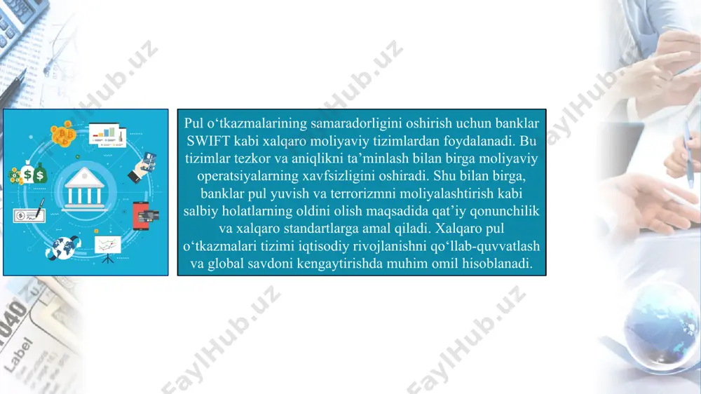 arini tartibga solish bo‘yicha nashrlari. moliyaviy harakat bo‘yicha ishchi guruh (fatf) tomonidan taqdim etilgan hisobot va standartlar. swift tizimi va xalqaro banklararo to‘lov tizimlari haqidagi rasmiy ma’lumotlar. xalqaro moliyaviy tashkilotlar, masalan, jahon banki va yevropa markaziy banki tomonidan e'lon qilingan tadqiqot va hisobotlar. o‘zbekiston respublikasining xalqaro pul o‘tkazmalari va valyuta tartibiga oid qonunchilik hujjatlari. fintech kompaniyalari va innovatsion to‘lov tizimlari haqidagi zamonaviy maqolalar va tahlillar. pul o‘tkazmalari sohasidagi ilmiy maqolalar va xalqaro ekspertlarning tahliliy sharhlari. e’tiboringiz uchun katta rahmat! image1.png image2.png image3.png image4.jpeg image5.png image6.png image7.png image8.png image9.png image10.png image11.png image12.png image13.png image14.png image15.png image16.png image17.png image18.png image19.png image20.jpeg image21.png /docprops/thumbnail.jpeg