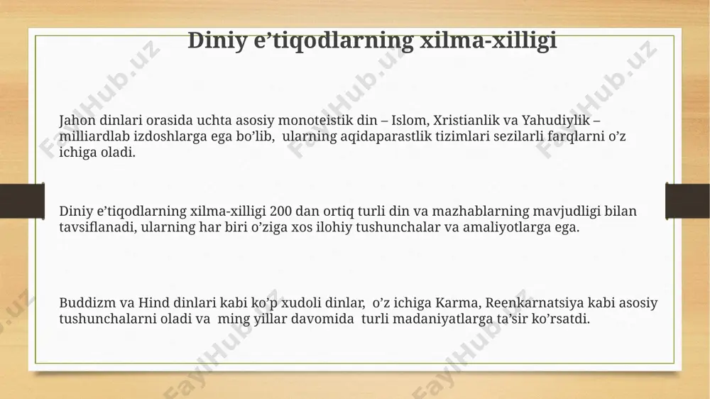 izlanishlar orqali tushunish mumkin. din tushunchasining mohiyati din tushunchasining mohiyati, 3 ta asosiy element – e’tiqod, amaliyot va jamoatchilik – o‘rtasidagi murakkab o‘zaro bog‘liqlikni o‘z ichiga oladi, bu 1000 yildan ortiq davom etgan turli madaniy va tarixiy kontekstlarda kuzatilgan. din tushunchasining mohiyatini tushunish uchun, 5 ta asosiy din – islom, xristianlik, buddizm, iudaizm va hinduizmning o‘ziga xos xususiyatlarini taqqoslash va ularning umumiy tamoyillarini aniqlash muhim hisoblanadi. din tushunchasining mohiyati, insoniyat tarixida 20 dan ortiq asosiy din va minglab kichik oqimlarning mavjudligi bilan belgilanadi, bu esa uning ko‘p qirrali va shubhasiz ahamiyatini ko‘rsatadi. din va jamiyat munosabatlari dinning jamiyatga ta'siri quyidagi 3 omil bilan belgilanadi: dinning qoidalar tizimi, e'tiqod darajasi va davlat siyosati, bu omillar o'zaro bog'liq va bir-birini to'ldiradi. din va jamiyat munosabatlarini o'rganishda 3 ta asosiy metodologiya – tarixiy, funktsional va semiotik yondashuvlar qo'llaniladi, ular jamiyatdagi dinning rolini turlicha talqin qilishga imkon beradi. so'nggi 10 yil ichida o'zbekistonda 20 …