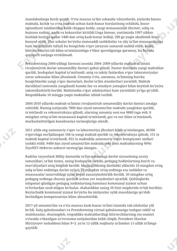 ’lim to‘g‘risida»gi qonun asosidagi ta’lim shakllari 9 yillik umumiy o‘rta ta’lim savodxonlik asoslarini, umumiy o‘rta ta’lim olish uchun zarur bo‘lgan bilim va ko‘nikmalarni shakllantirishga qaratilgan. bolalar birinchi sinfga 6–7 yoshdan qabul qilinadi. umumiy o‘rta ta’lim kerakli bilimlar hajmiga asos solish, mustaqil fikrlash, tashkilotchilik qobiliyatlari va amaliy tajriba ko‘nikmalarini rivojlantirish, dastlabki kasbiy yo‘nalish va navbatdagi ta’lim bosqichini tanlashga zamin yaratish asosiy maqsad qilib qo’yilgan edi. 1990-2010 yillarda umumta'lim maktablari o'quvchilari soni (1-9 sinf) 4053,0 ming kishidan 4676,1 ming kishiga o'sdi. 7 (6) yoshgacha bo'lgan bolalarning maktab ta'limi qamrab olinganligi darajasi shu davrda 92,1% dan 99,3%ga, darsliklar bilan ta'minlanish darajasi 55,4%dan 100%ga, kompiyuter o'quv xonalari bilan ta'minlanish, mak-tablar sonidan foiz nisbatida 2,4%dan 68,2%ga o'sdi. shu davr mobaynida 300 ga yaqin yangi turdagi ta’lim muassasalari ochildi. oliy o‘quv yurtlari qoshida 46 ta litsey tashkil etildi, 800 ga yaqin o‘quvchi chet ellarda ta’lim oldi, ko‘pgina o‘qituvchilar xorijiy davlatlarning ilg‘or tajribalarini o‘rganish maqsadida chet mamlakatlarga …