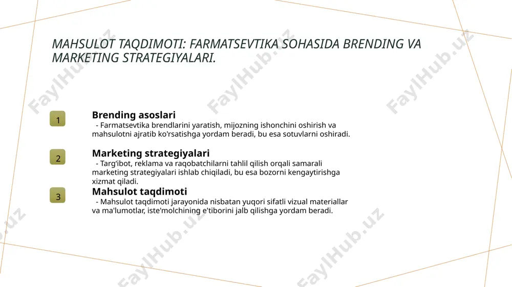 armatsevtika va tibbiyotning ahamiyati farmatsevtika mahsulotlari va tibbiy buyumlar sog'liqni saqlashda muhim o'rin tutadi, ularning sifatli ishlab chiqarilishi bemorlar uchun zarurdir. 2 innovatsiyalar va rivojlanish tibbiy buyumlar va farmatsevtika sohasida innovatsiyalar yangi imkoniyatlar yaratadi, raqobatni oshiradi va bemorlar uchun yaxshiroq xizmat ko'rsatadi. 3 o'zbekistonda kelajak istiqbollari o'zbekistonda sog'liqni saqlash tovarlari bozorining kelajagi raqobatbardosh va innovatsion yondashuvlar asosida rivojlanadi, bu esa iqtisodiy o'sishga yordam beradi. e'tiboringiz uchun rahmat! /docprops/thumbnail.jpeg